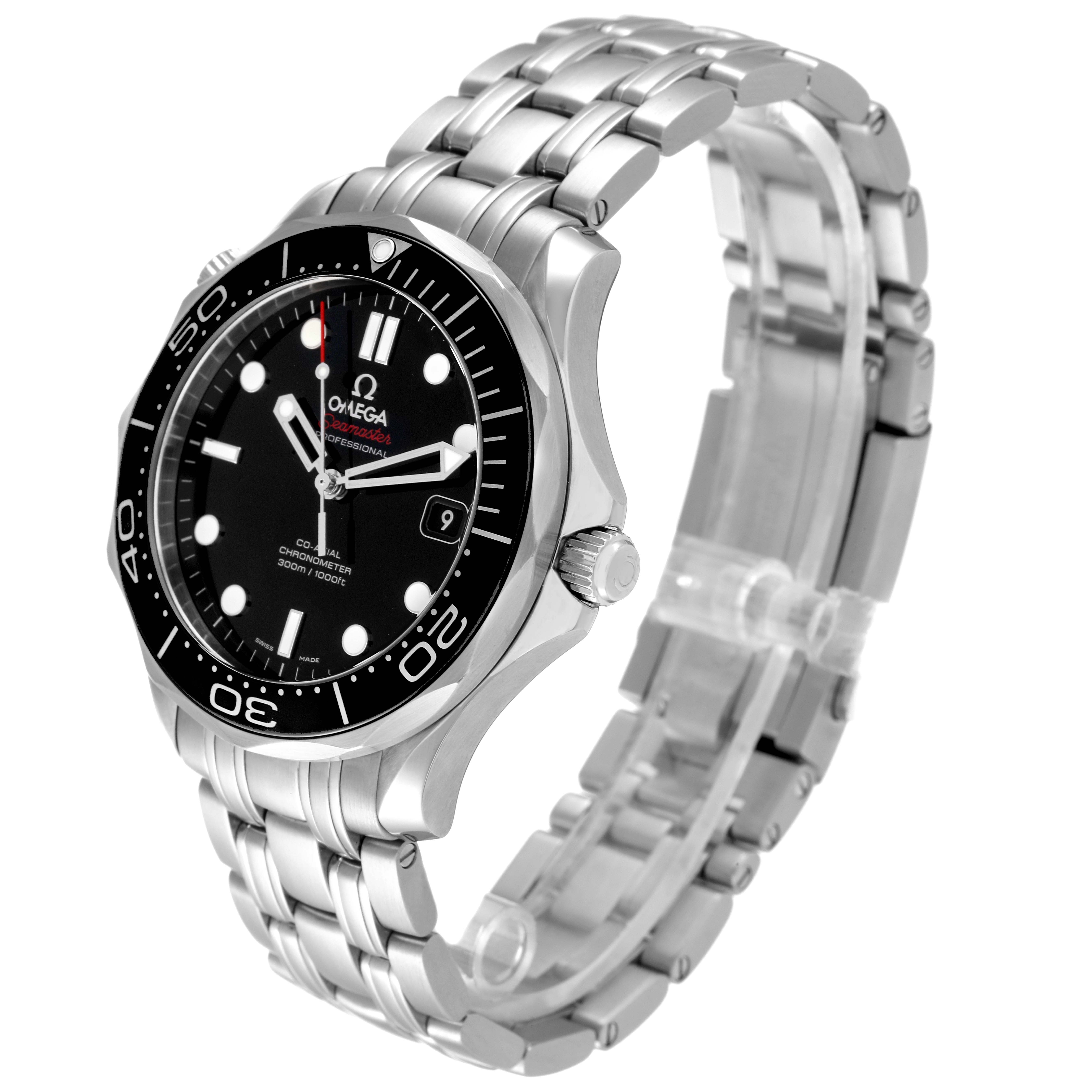 The Omega Seamaster 212.30.41.20.01.003 Men's Stainless Steel Black Dial 212.30.41.20.01.003 Men's Stainless Steel Black Dial watch is shown in a three-quarter side view, displaying the face, bezel, crown, and metal bracelet.