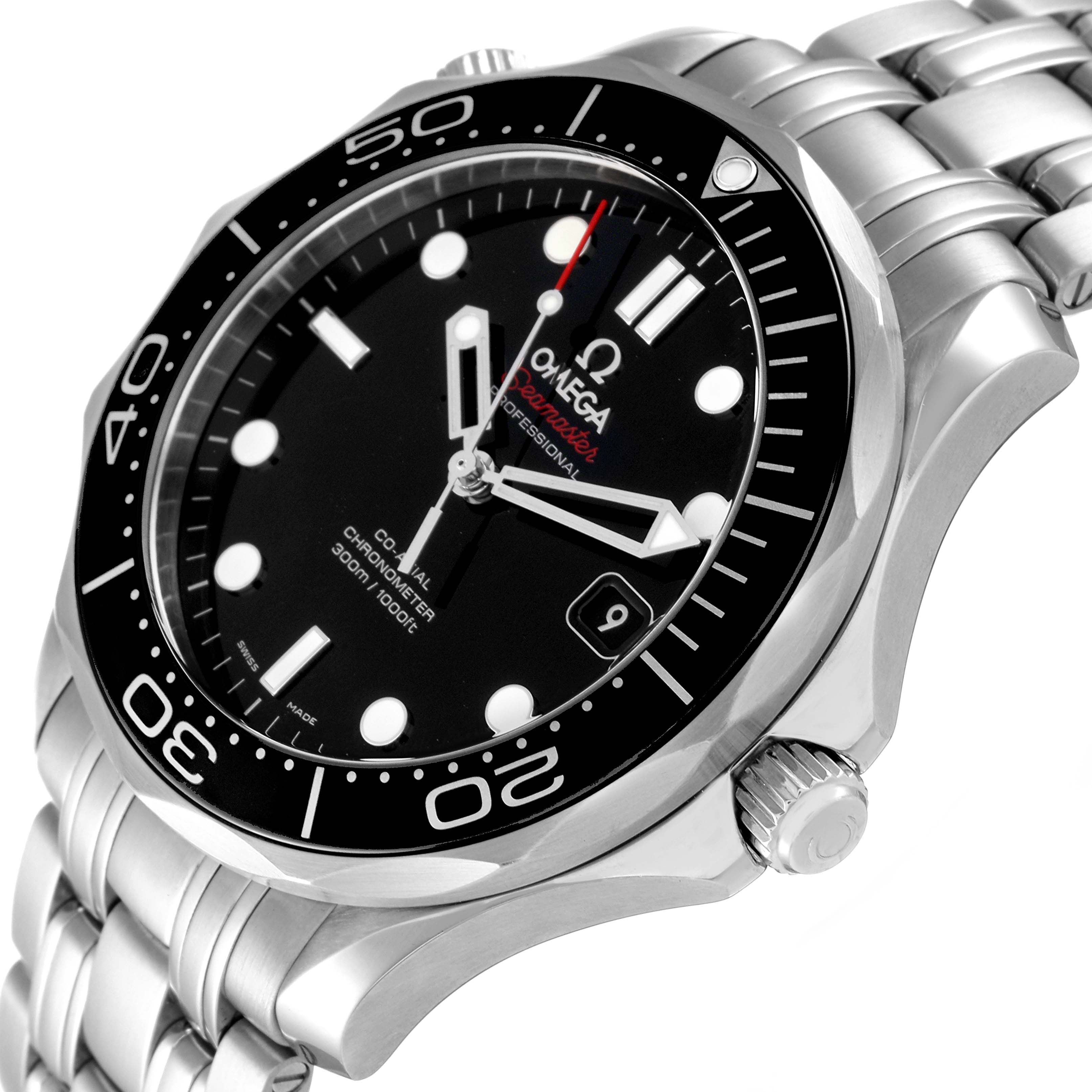 The image shows an angled view of the Omega Seamaster 212.30.41.20.01.003 Men's Stainless Steel Black Dial 212.30.41.20.01.003 Men's Stainless Steel Black Dial watch, highlighting the bezel, dial, crown, and part of the bracelet.