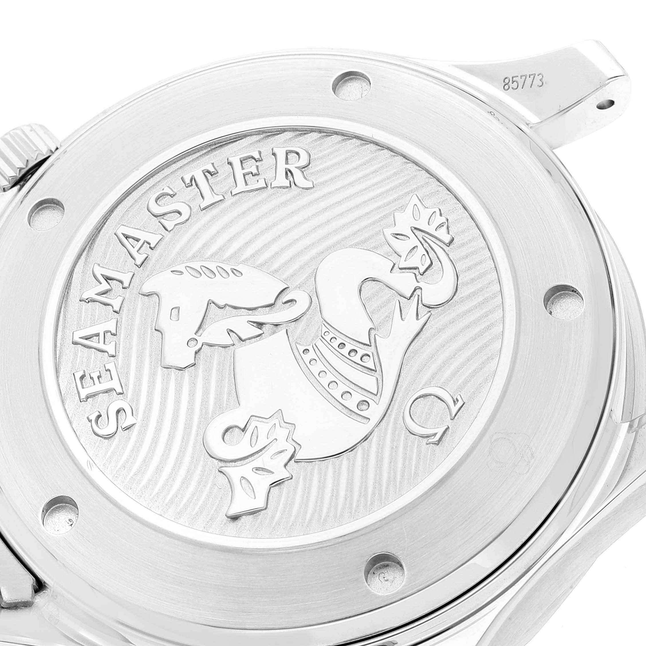 This image shows the case back of an Omega Seamaster 212.30.41.20.01.003 Men's Stainless Steel Black Dial 212.30.41.20.01.003 Men's Stainless Steel Black Dial watch, displaying its engraved design and logo.