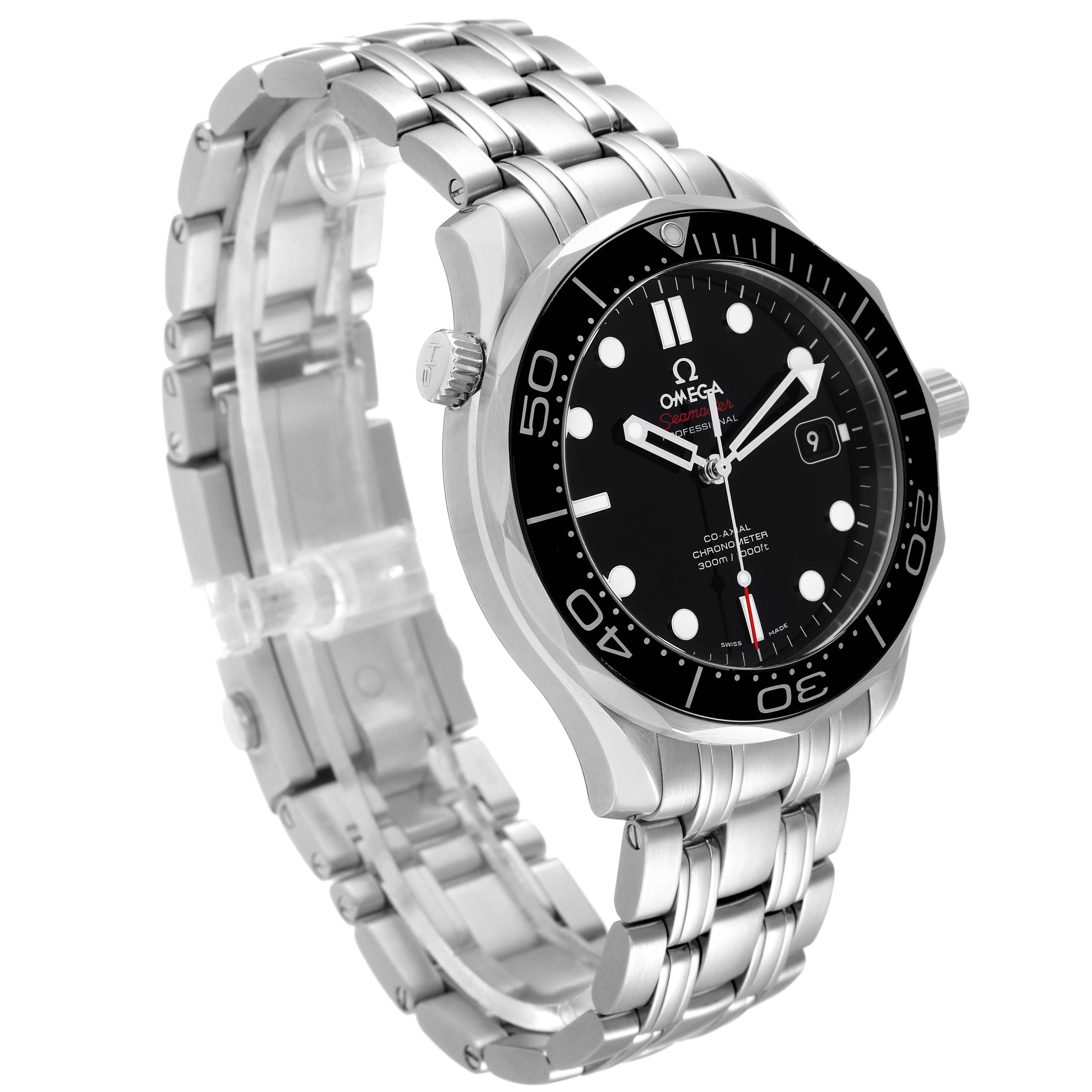 The image shows an Omega Seamaster 212.30.41.20.01.003 Men's Stainless Steel Black Dial 212.30.41.20.01.003 Men's Stainless Steel Black Dial watch at a three-quarter angle, highlighting the bezel, dial, crown, and stainless steel bracelet.