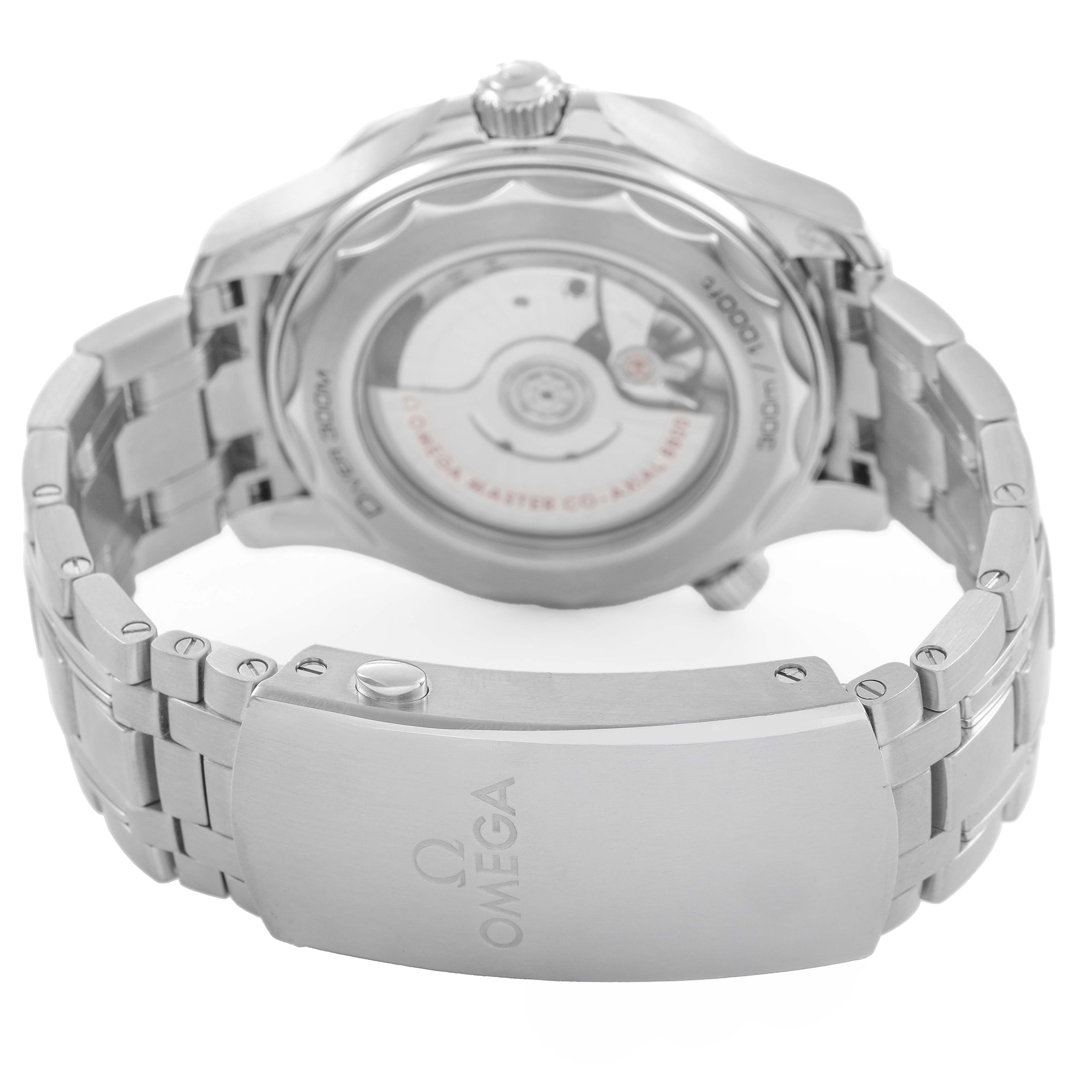 The image shows the back of an Omega Seamaster 210.30.42.20.06.001 Men's Stainless Steel Grey Dial watch, highlighting its clasp, case back, and bracelet.