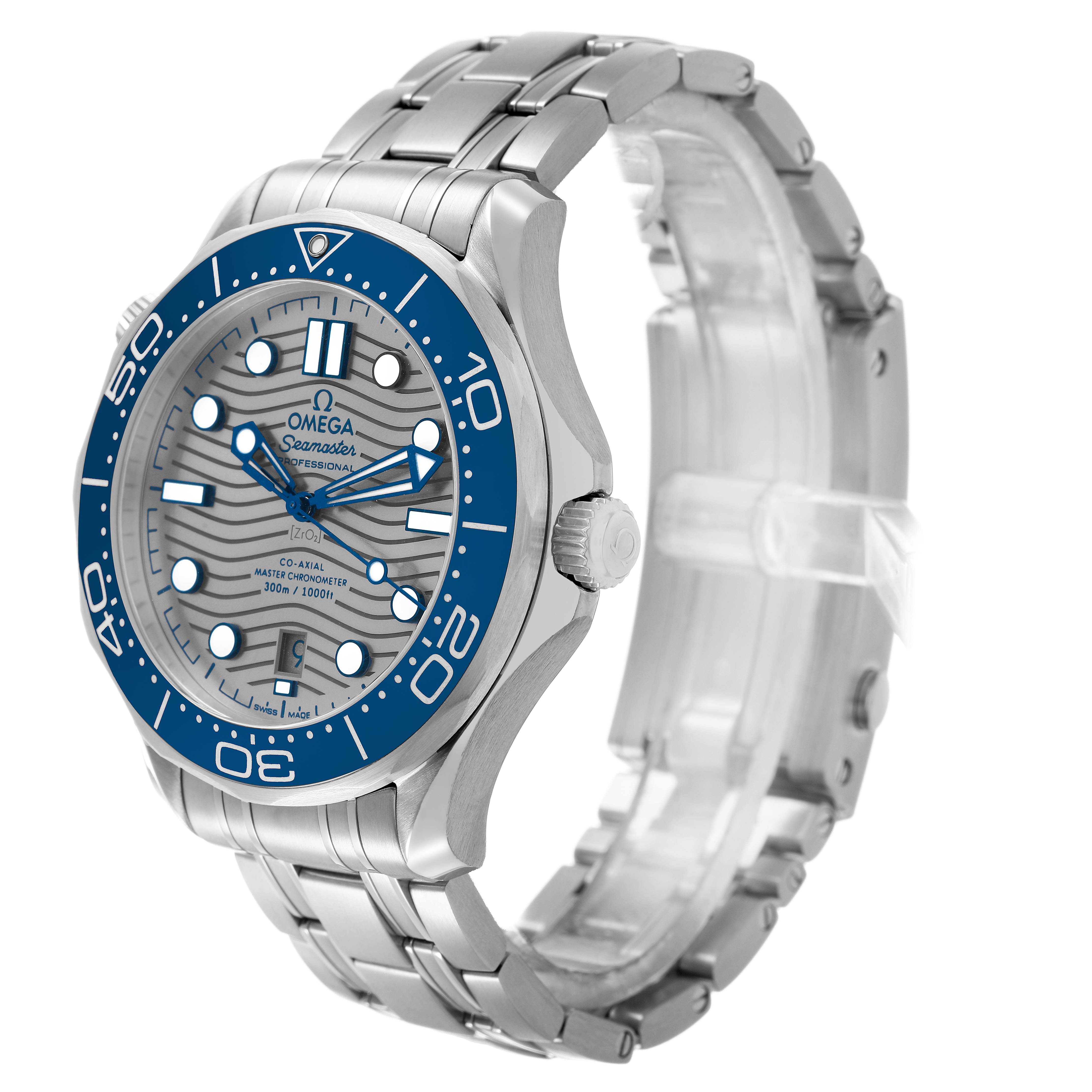 The Omega Seamaster 210.30.42.20.06.001 Men's Stainless Steel Grey Dial watch is shown at a three-quarter angle, highlighting the face, bezel, crown, and stainless steel bracelet.