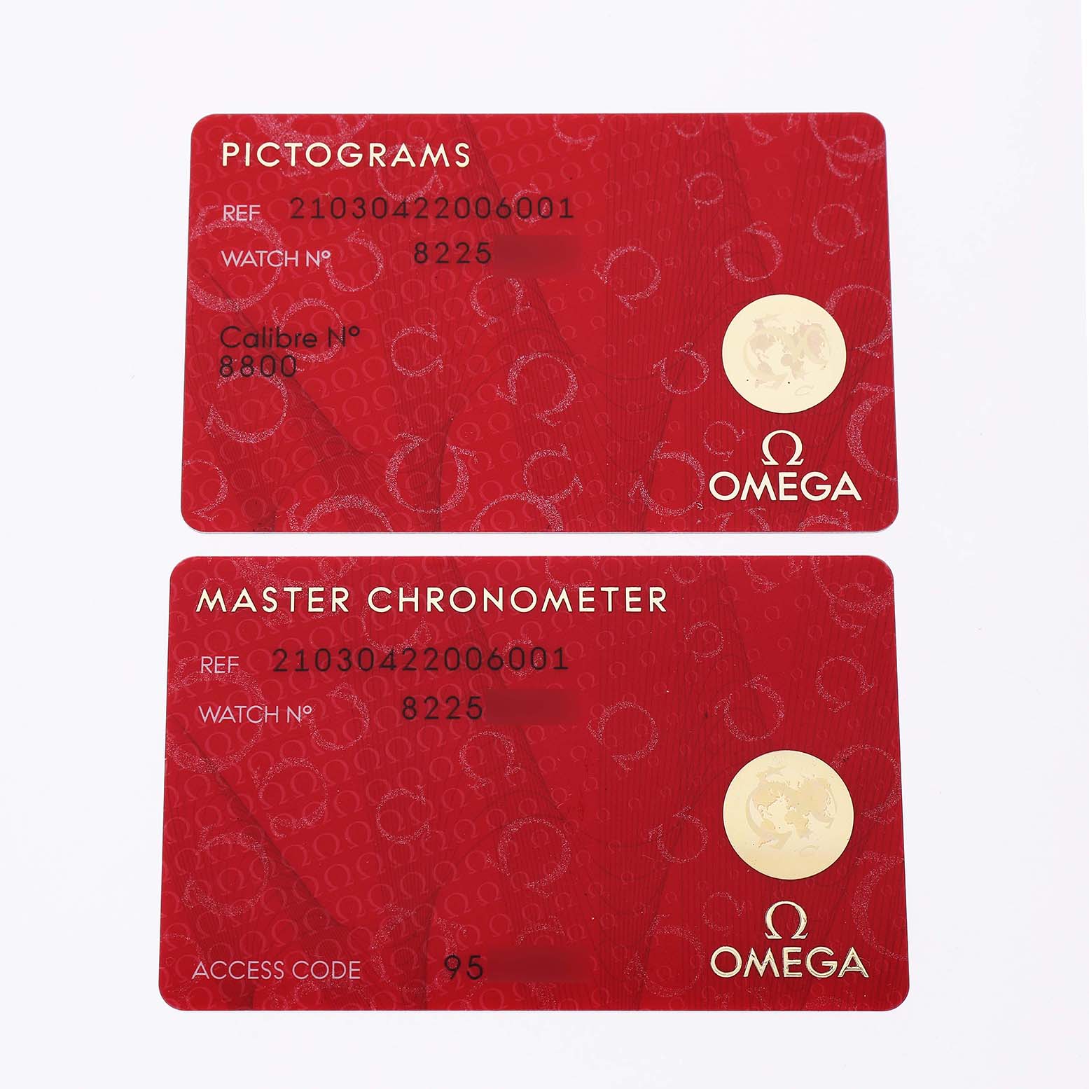 The image shows two Omega Seamaster 210.30.42.20.06.001 Men's Stainless Steel Grey Dial warranty cards titled "PICTOGRAMS" and "MASTER CHRONOMETER."