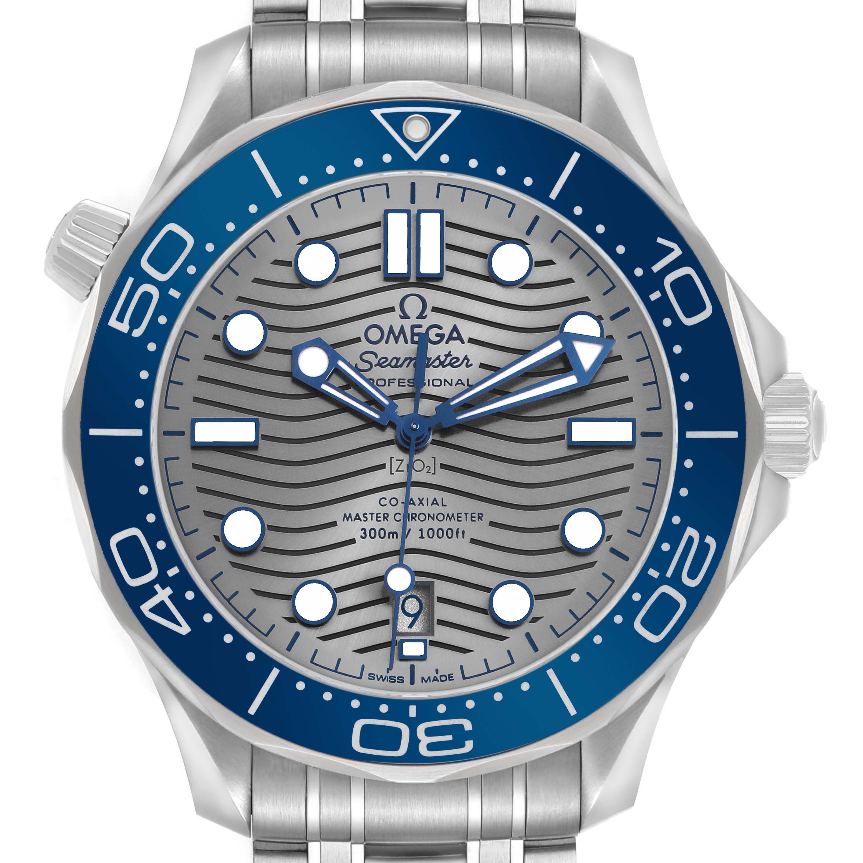 The Omega Seamaster 210.30.42.20.06.001 Men's Stainless Steel Grey Dial watch is shown from the front, highlighting the dial, bezel, and case.