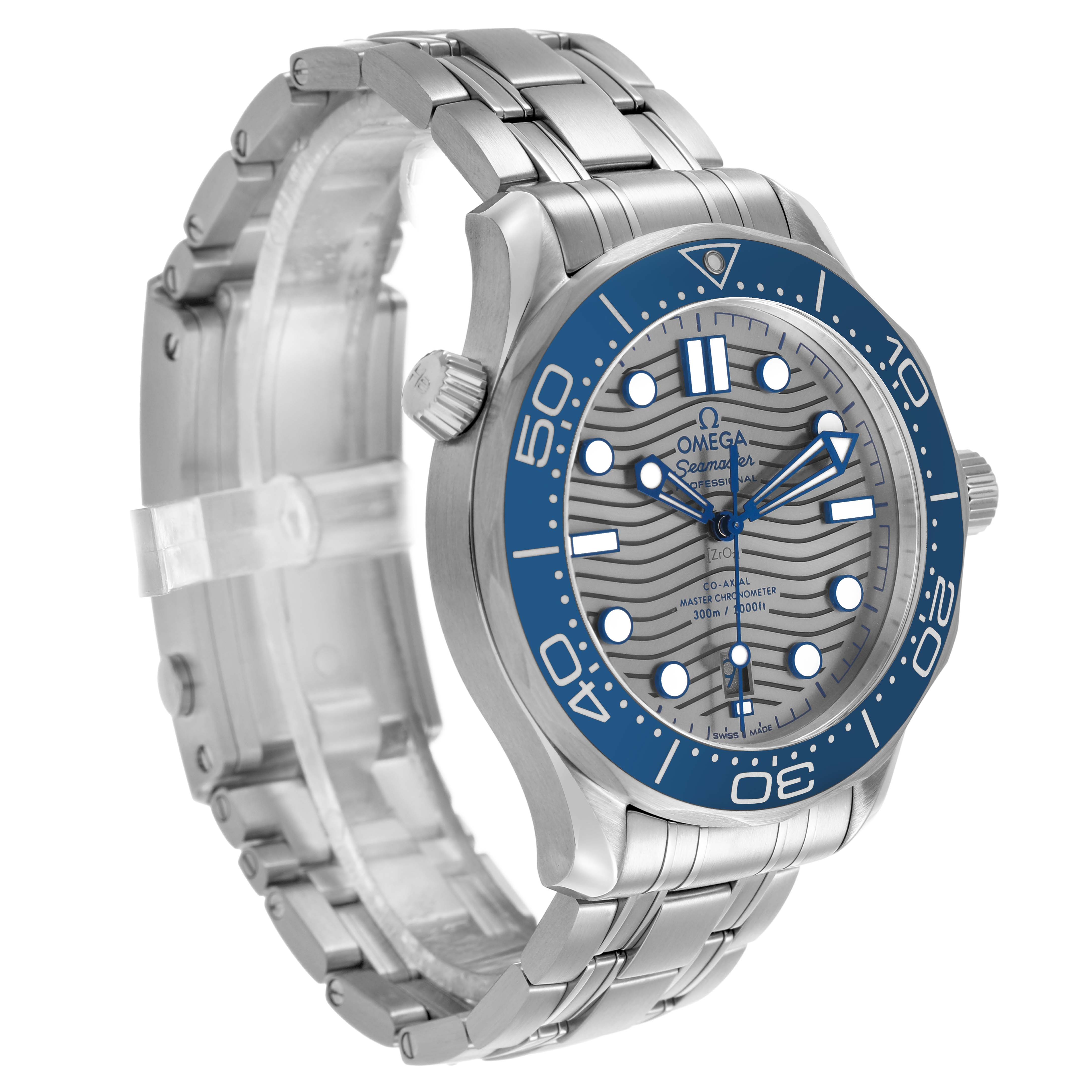 The Omega Seamaster 210.30.42.20.06.001 Men's Stainless Steel Grey Dial watch is shown at an angled side view, displaying its blue bezel, dial, and stainless steel bracelet.