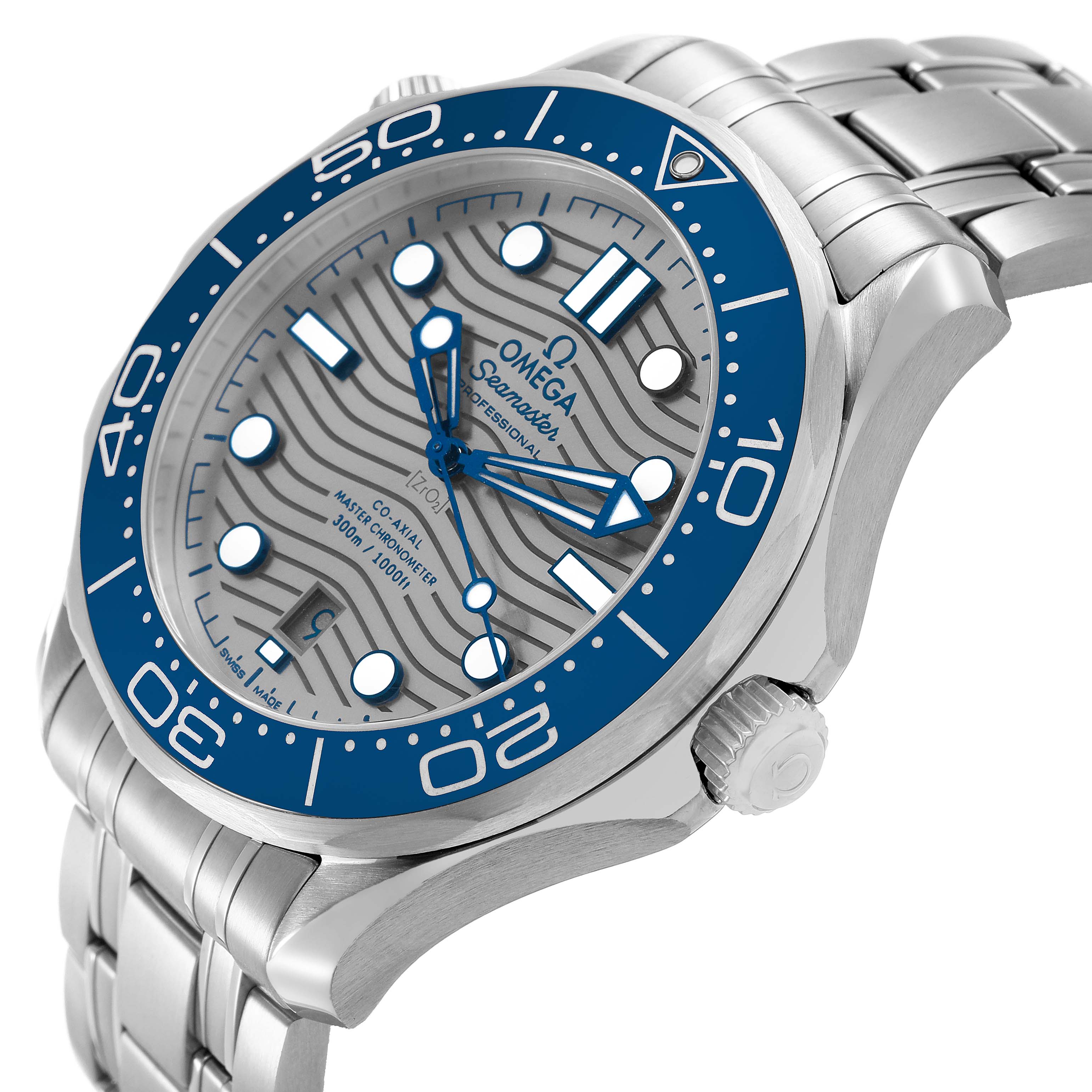 The Omega Seamaster 210.30.42.20.06.001 Men's Stainless Steel Grey Dial model is shown from a slight side angle, highlighting the bezel, face, case, and bracelet.