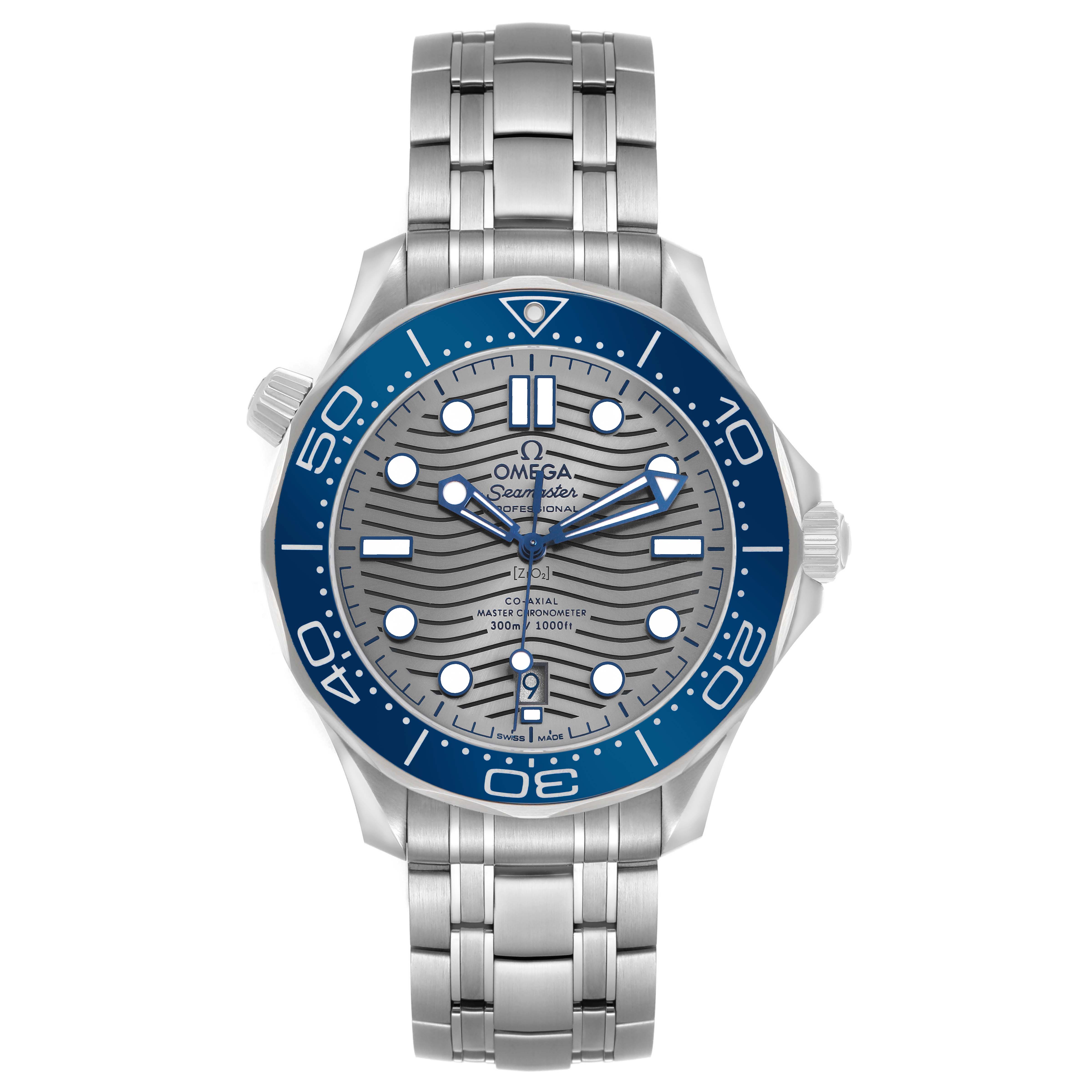 The Omega Seamaster 210.30.42.20.06.001 Men's Stainless Steel Grey Dial watch is shown from a front angle, displaying the dial, bezel, and bracelet.