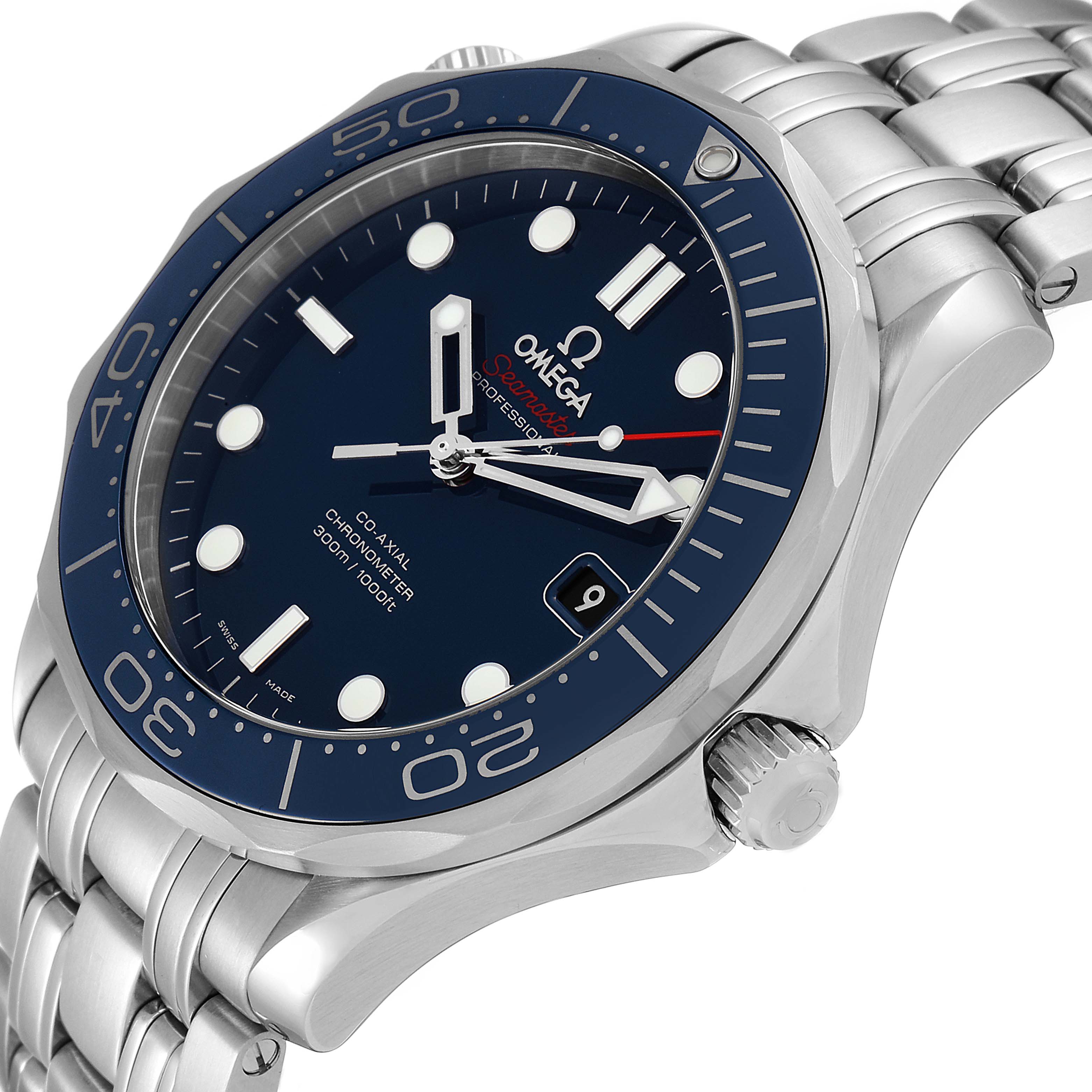 The image shows an angled side view of an Omega Seamaster 212.30.41.20.03.001 Men's Stainless Steel Blue Dial 212.30.41.20.03.001 Men's Stainless Steel Blue Dial watch, highlighting the bezel, dial, and bracelet.
