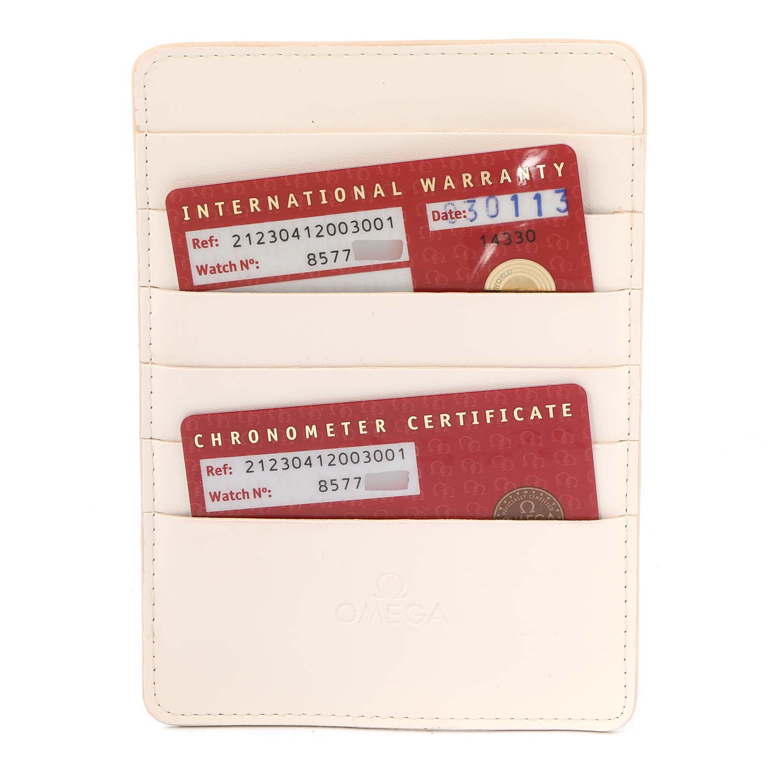 The image shows Omega Seamaster 212.30.41.20.03.001 Men's Stainless Steel Blue Dial 212.30.41.20.03.001 Men's Stainless Steel Blue Dial model's International Warranty and Chronometer Certificate cards in a leather cardholder.