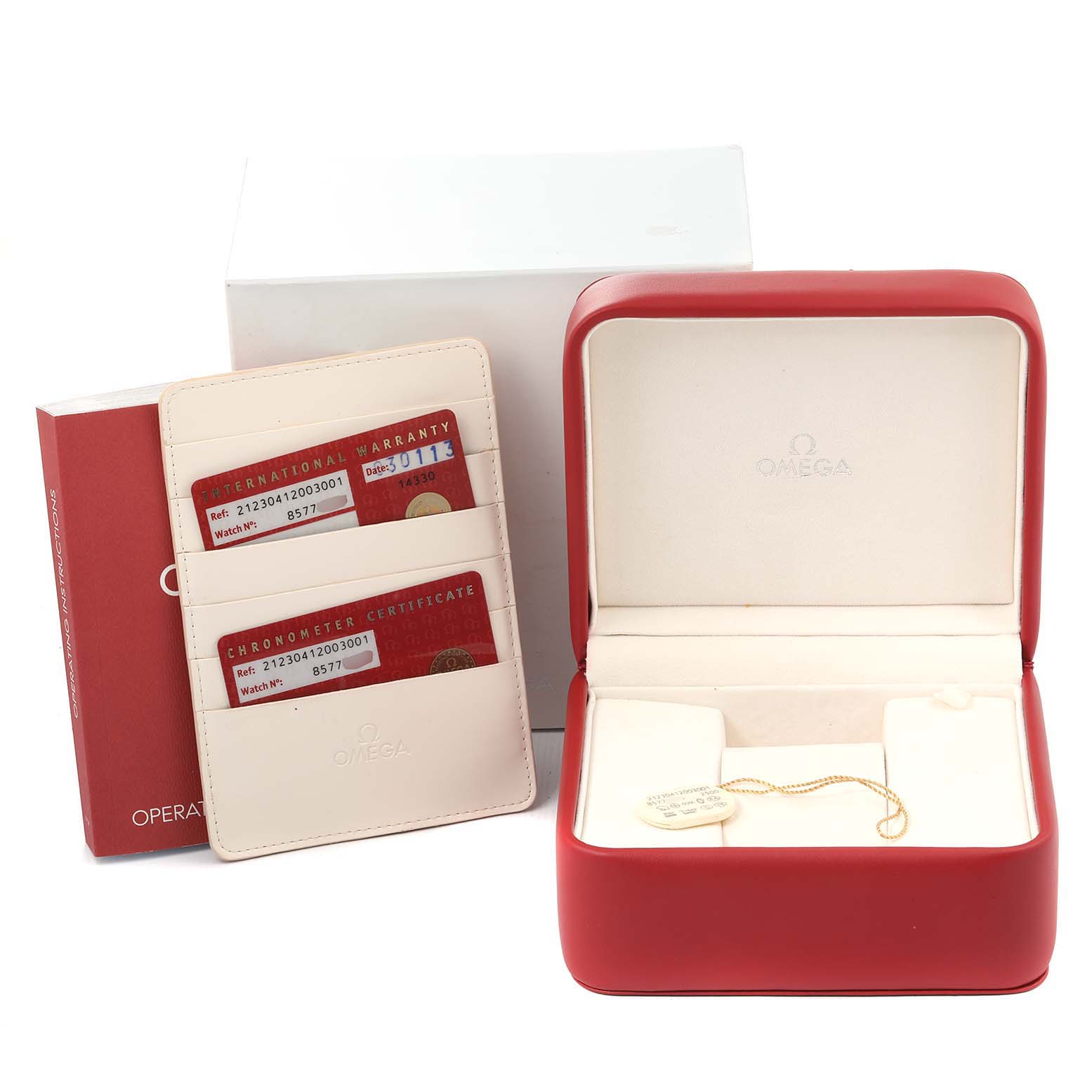 The image shows the packaging, warranty cards, and red case for an Omega Seamaster 212.30.41.20.03.001 Men's Stainless Steel Blue Dial 212.30.41.20.03.001 Men's Stainless Steel Blue Dial watch from a front angle.