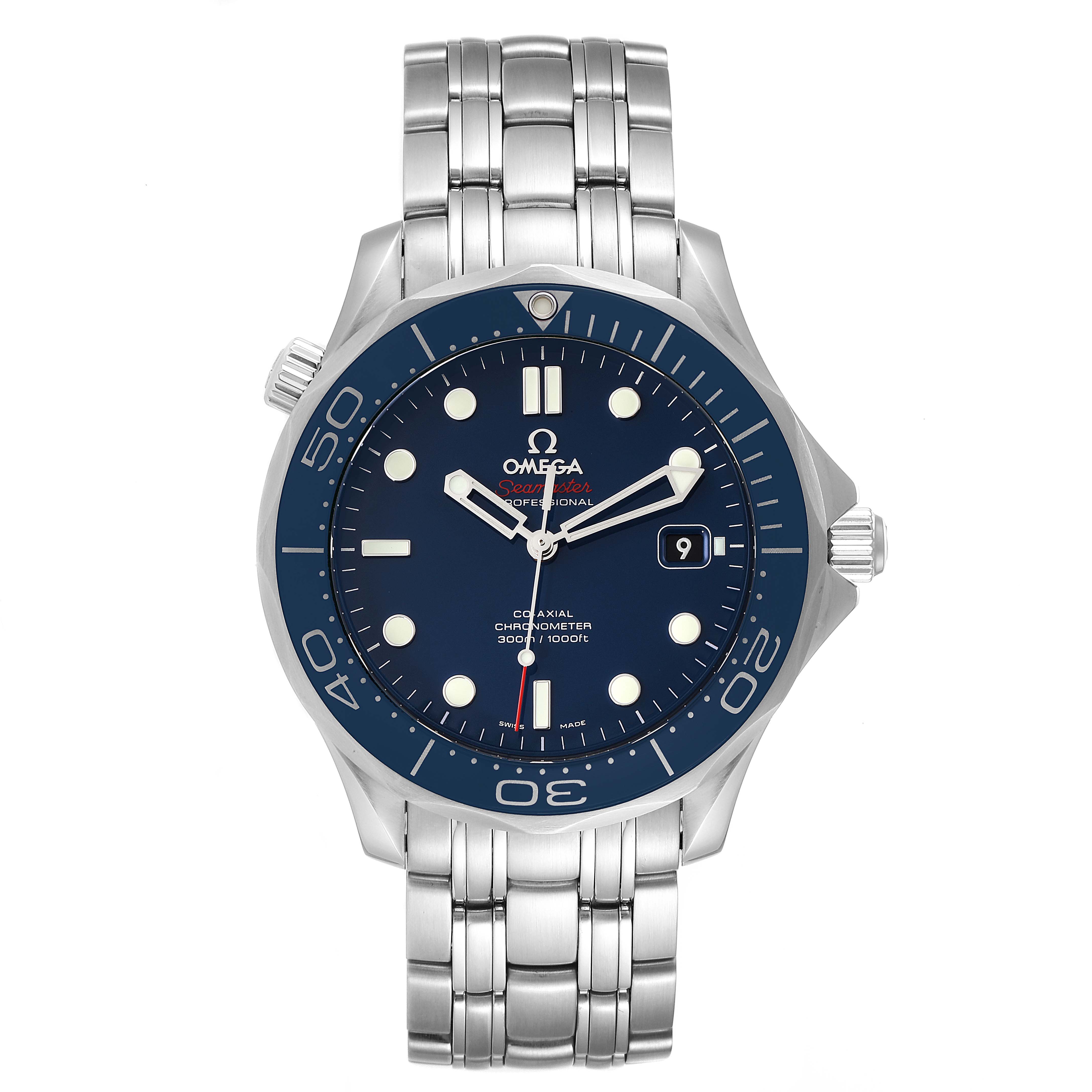 This image shows a front view of the Omega Seamaster 212.30.41.20.03.001 Men's Stainless Steel Blue Dial 212.30.41.20.03.001 Men's Stainless Steel Blue Dial watch, displaying its blue dial, bezel, and stainless steel bracelet.