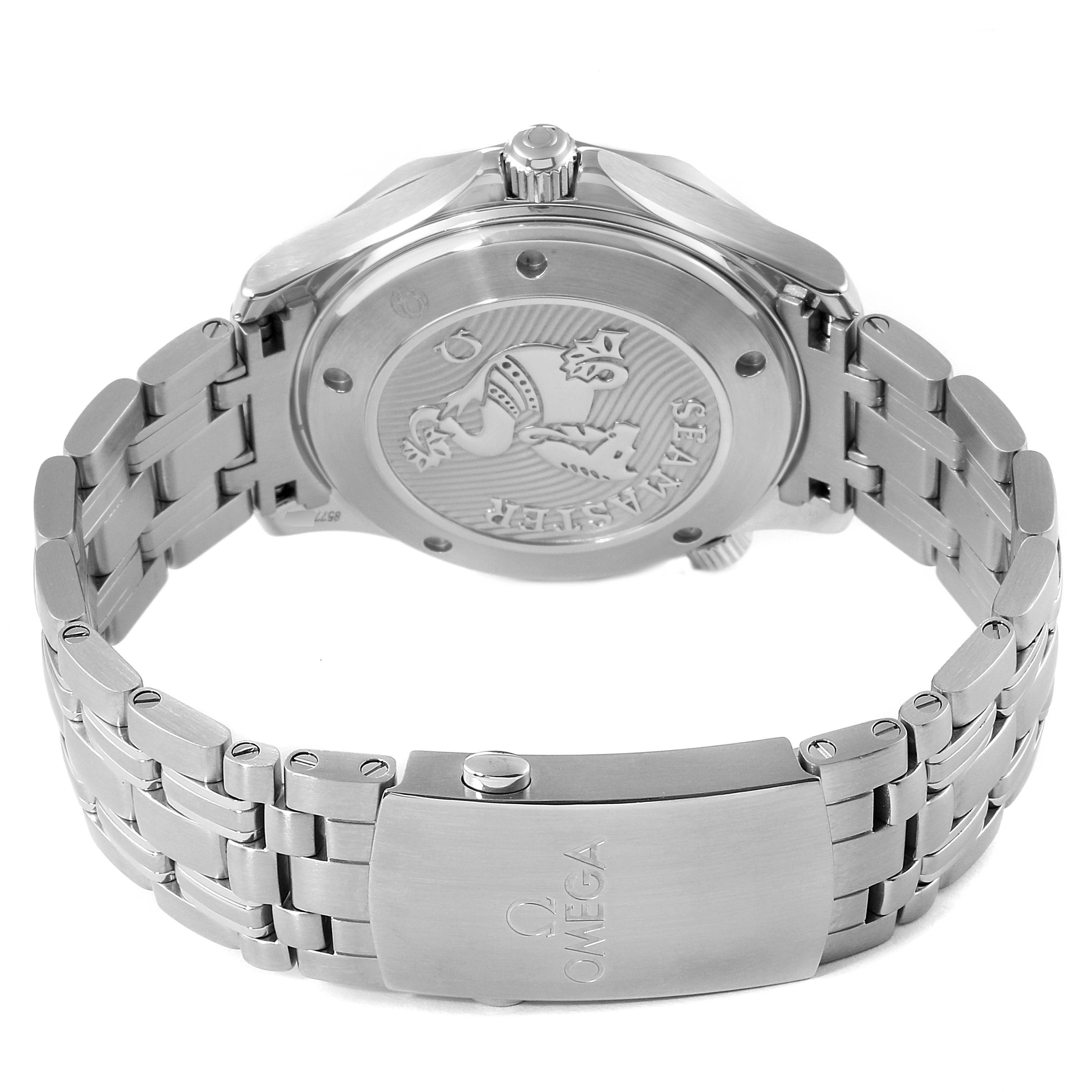 The image shows the back case and metal bracelet of the Omega Seamaster 212.30.41.20.03.001 Men's Stainless Steel Blue Dial 212.30.41.20.03.001 Men's Stainless Steel Blue Dial watch, highlighting the engraved case back and clasp buckle.