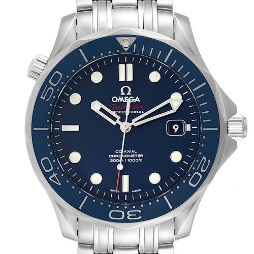 The image shows a frontal view of the Omega Seamaster watch, showcasing its blue dial, bezel, and metal bracelet.