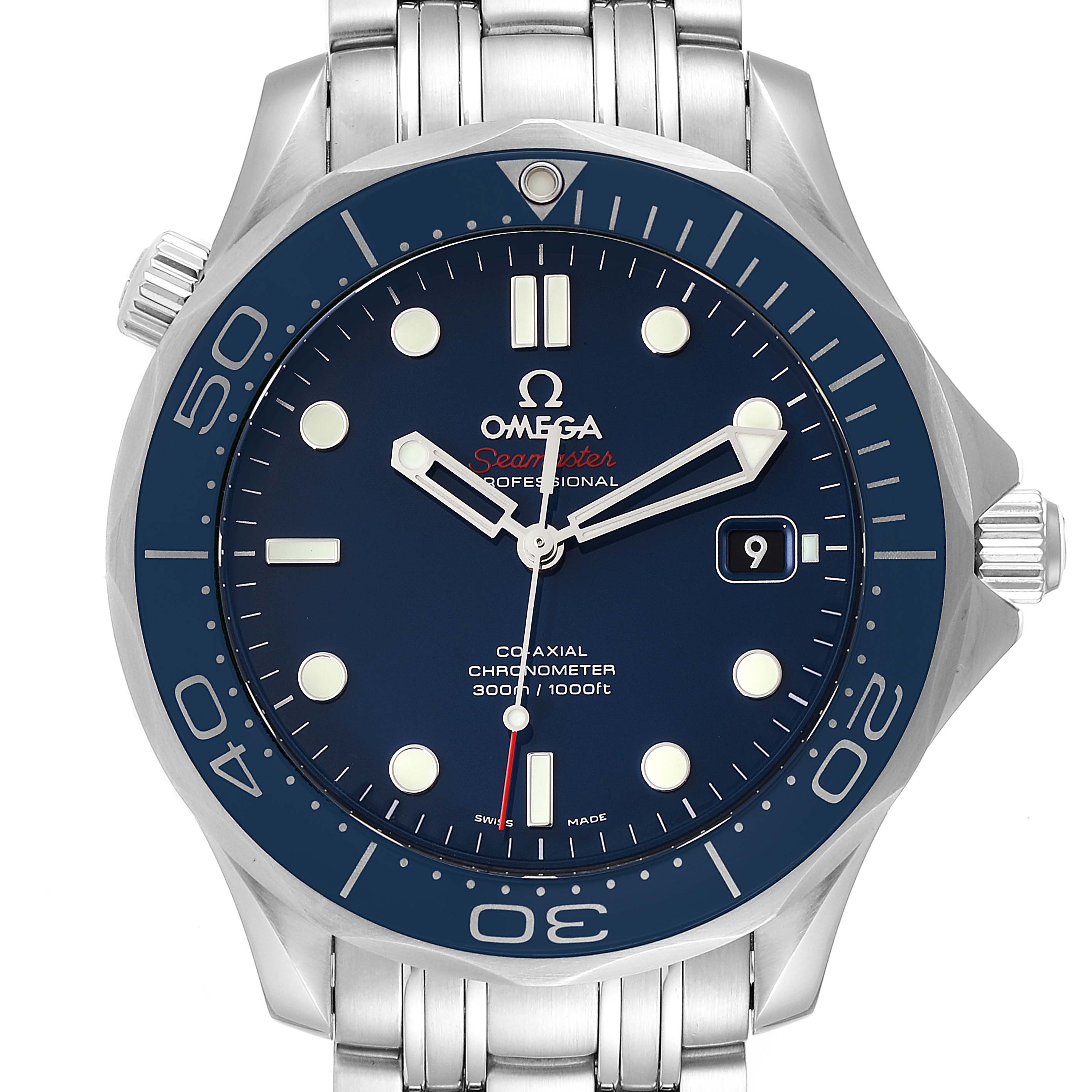 The image shows a front angle close-up of the Omega Seamaster 212.30.41.20.03.001 Men's Stainless Steel Blue Dial 212.30.41.20.03.001 Men's Stainless Steel Blue Dial watch, highlighting its blue dial, bezel, and stainless steel bracelet.