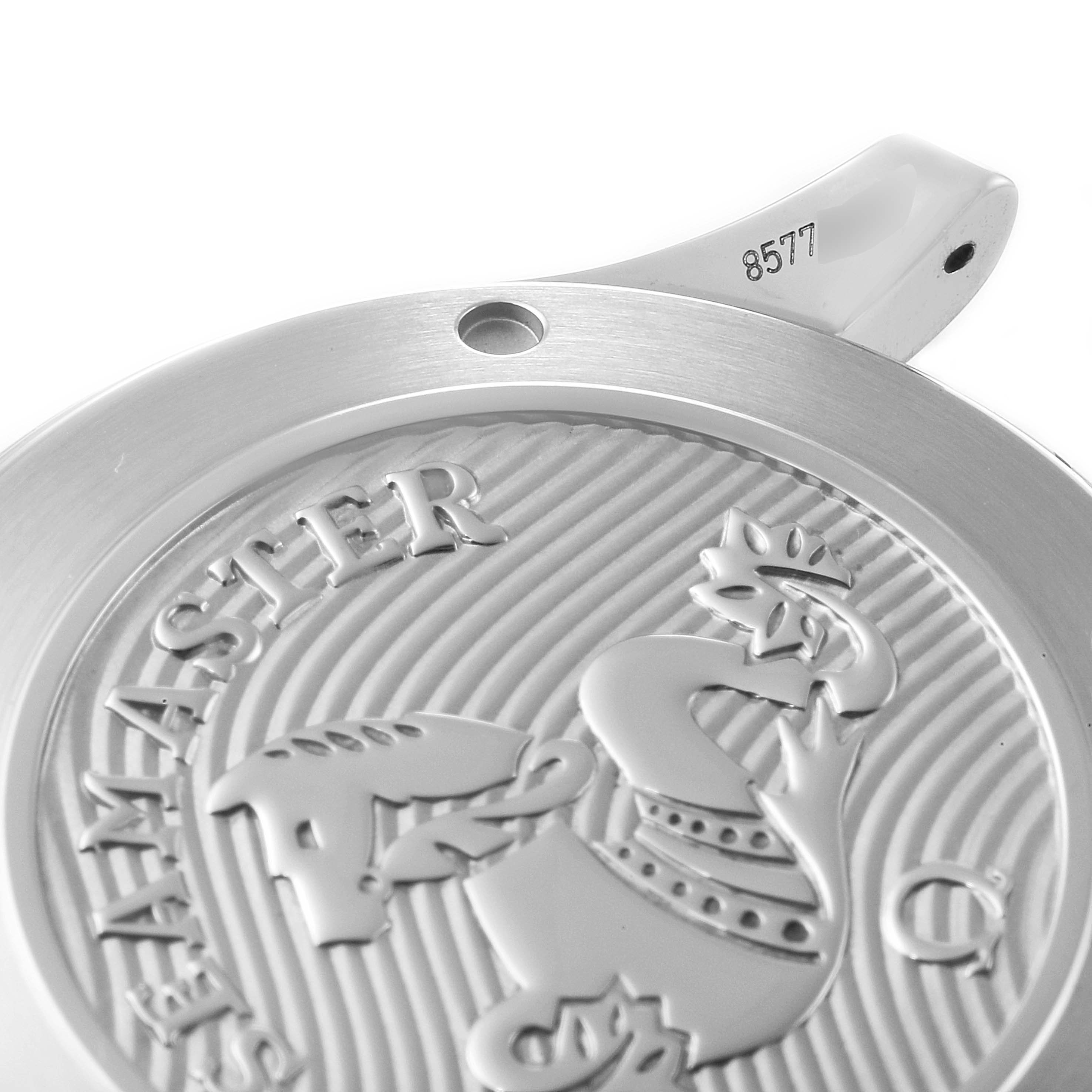 The image shows a close-up of the back case cover for the Omega Seamaster 212.30.41.20.03.001 Men's Stainless Steel Blue Dial 212.30.41.20.03.001 Men's Stainless Steel Blue Dial watch, highlighting the embossed design and model number 8577.