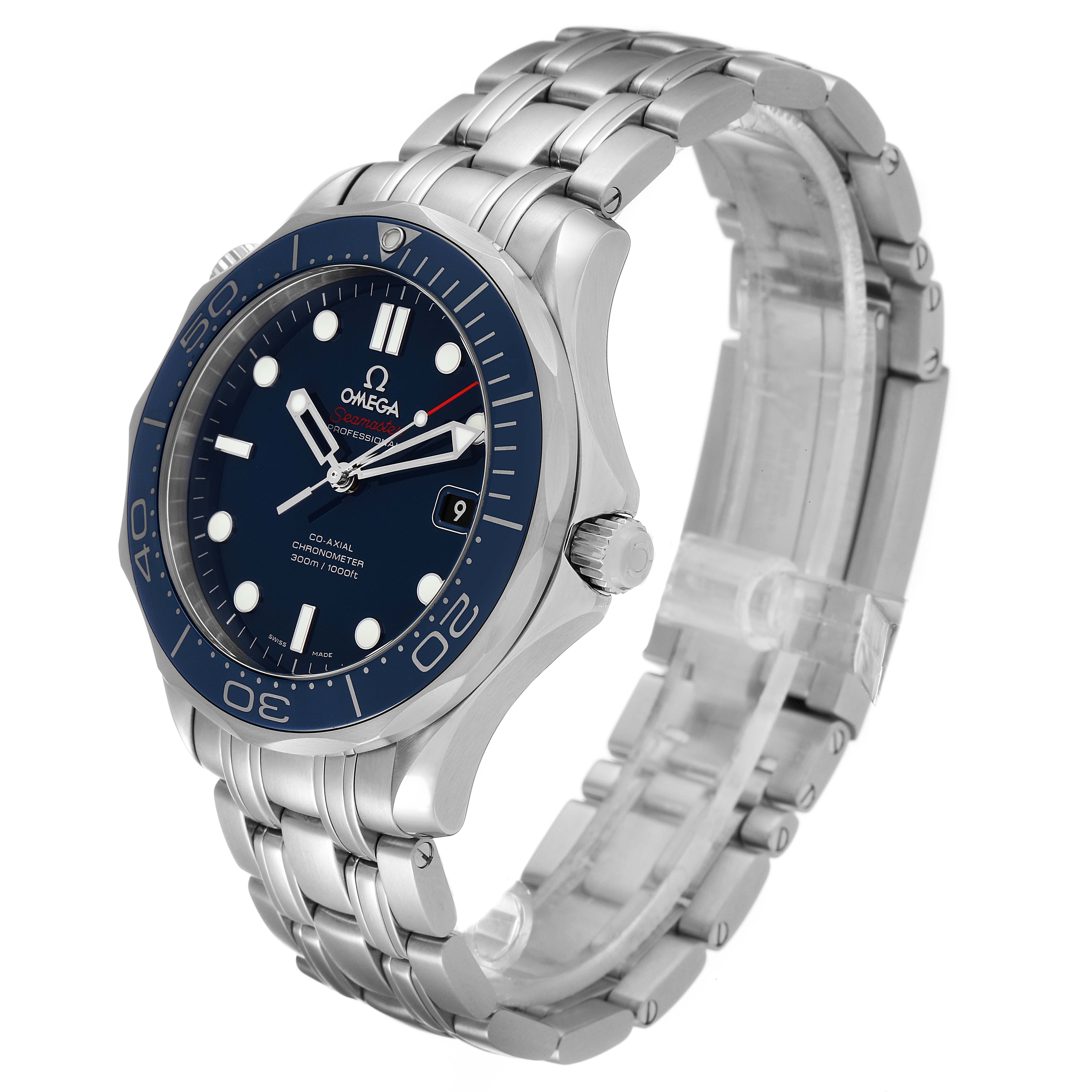 The image shows a three-quarter view of an Omega Seamaster 212.30.41.20.03.001 Men's Stainless Steel Blue Dial 212.30.41.20.03.001 Men's Stainless Steel Blue Dial watch, highlighting the dial, bezel, crown, and metal bracelet.