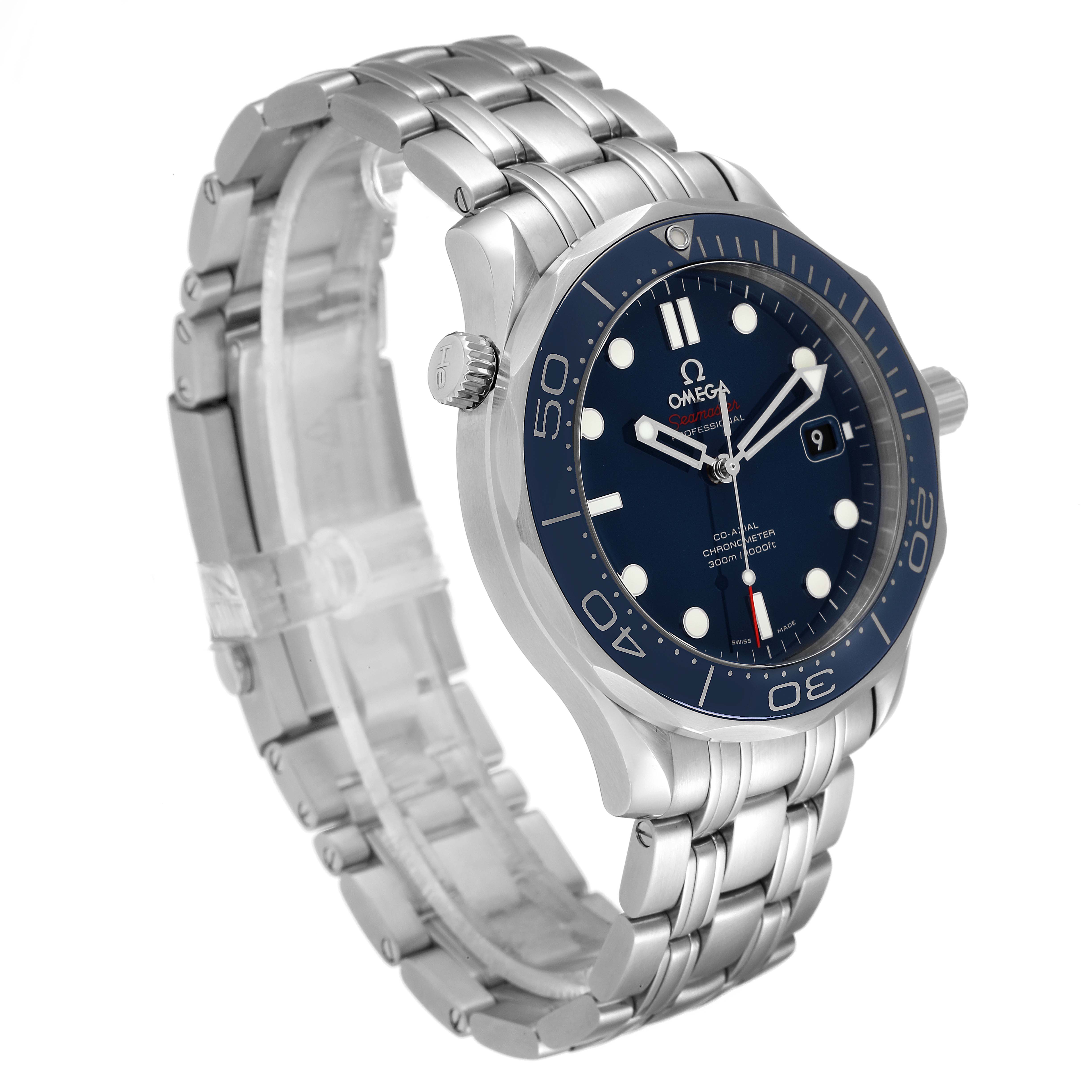 The image shows an angled view of an Omega Seamaster 212.30.41.20.03.001 Men's Stainless Steel Blue Dial 212.30.41.20.03.001 Men's Stainless Steel Blue Dial watch, highlighting the blue dial, bezel, and stainless steel bracelet.