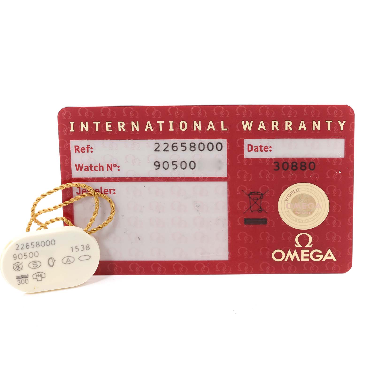 The image shows an Omega Seamaster 2265.80.00 Men's Stainless Steel Blue Dial 2265.80.00 Men's Stainless Steel Blue Dial International Warranty card and an attached tag displaying the reference and watch numbers.