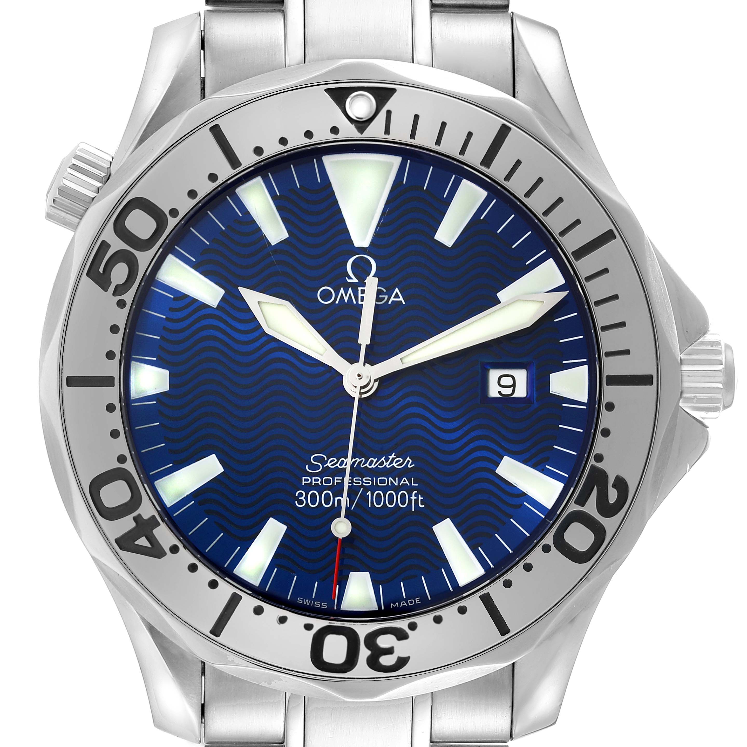 The image shows a front view of an Omega Seamaster 2265.80.00 Men's Stainless Steel Blue Dial 2265.80.00 Men's Stainless Steel Blue Dial watch, highlighting the dial, bezel, and part of the bracelet.