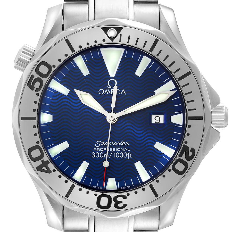 The image shows a front view of an Omega Seamaster watch, highlighting the dial, bezel, and part of the bracelet.