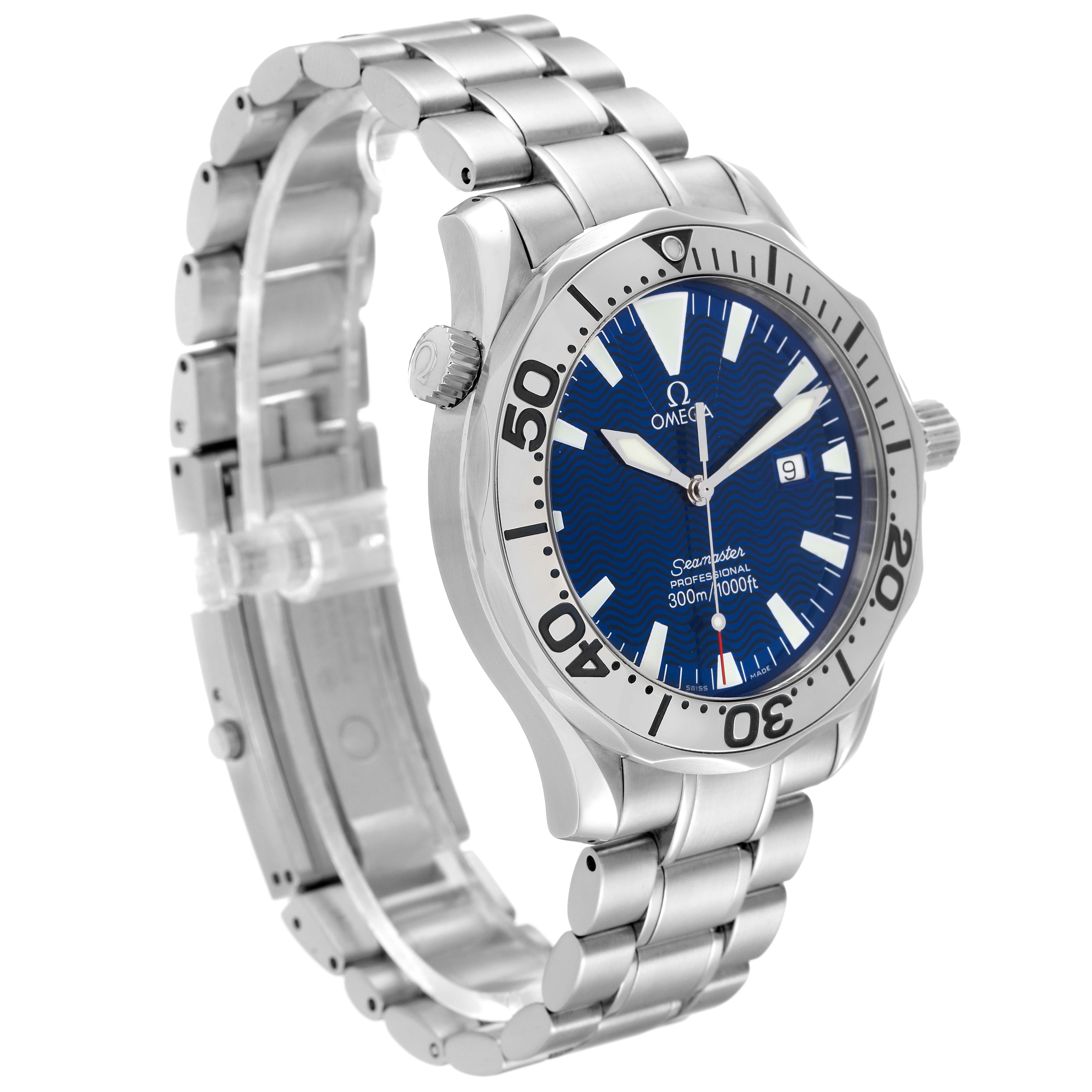 The Omega Seamaster 2265.80.00 Men's Stainless Steel Blue Dial 2265.80.00 Men's Stainless Steel Blue Dial watch is shown at an angle revealing the face, bezel, crown, and stainless steel bracelet.