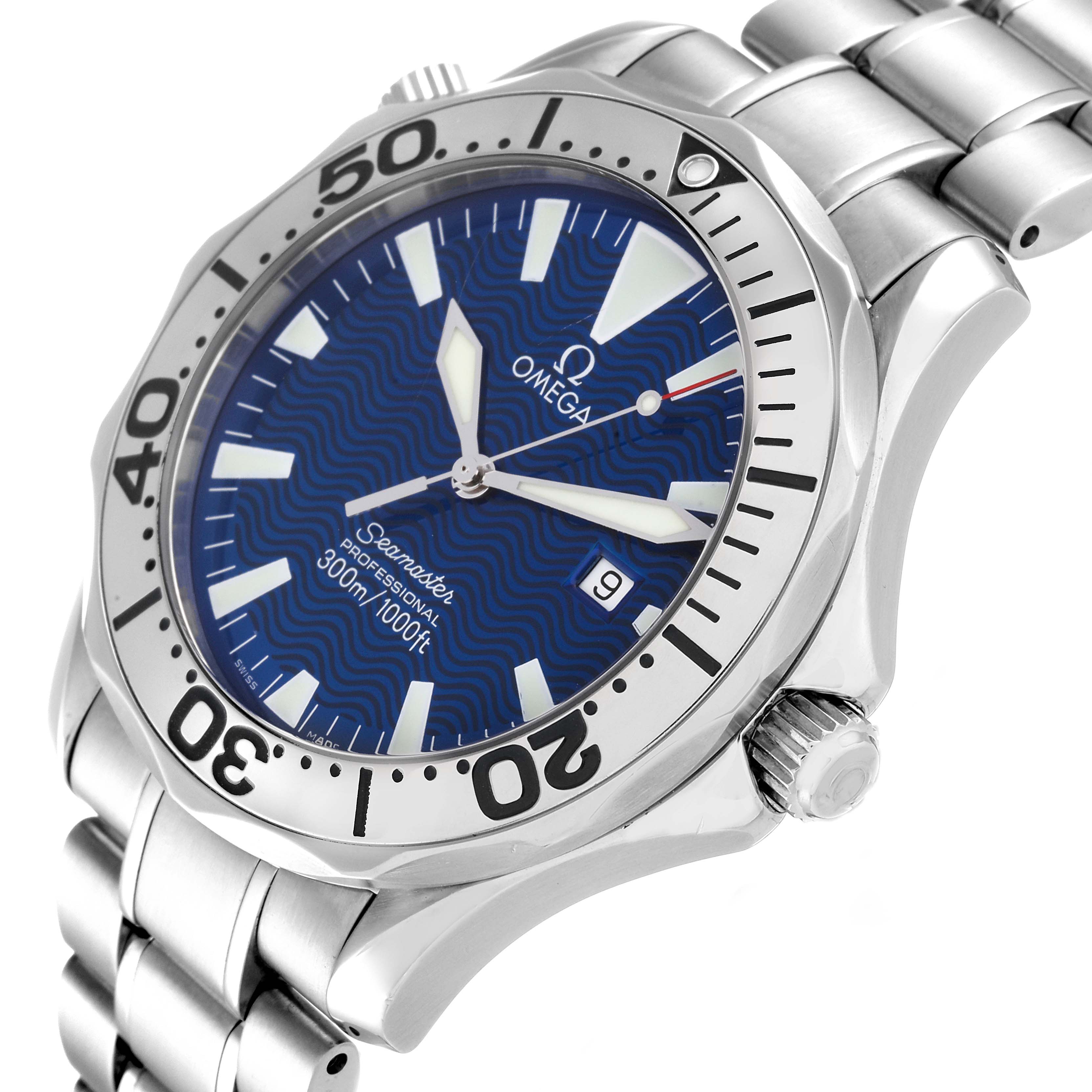 The Omega Seamaster 2265.80.00 Men's Stainless Steel Blue Dial 2265.80.00 Men's Stainless Steel Blue Dial watch is shown from a front angle, highlighting the dial, bezel, and stainless steel bracelet.