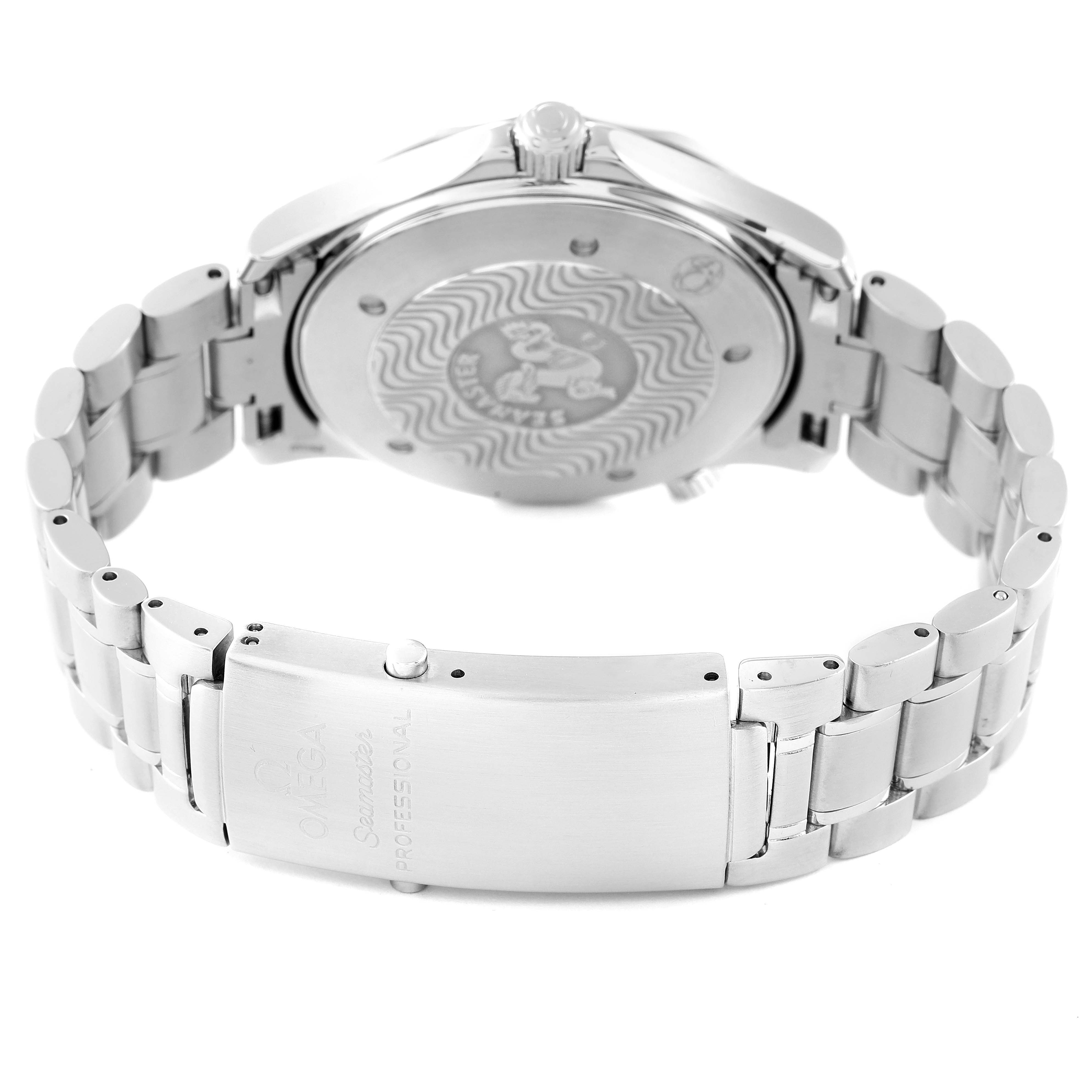 The image shows the back case and bracelet of an Omega Seamaster 2265.80.00 Men's Stainless Steel Blue Dial 2265.80.00 Men's Stainless Steel Blue Dial watch.