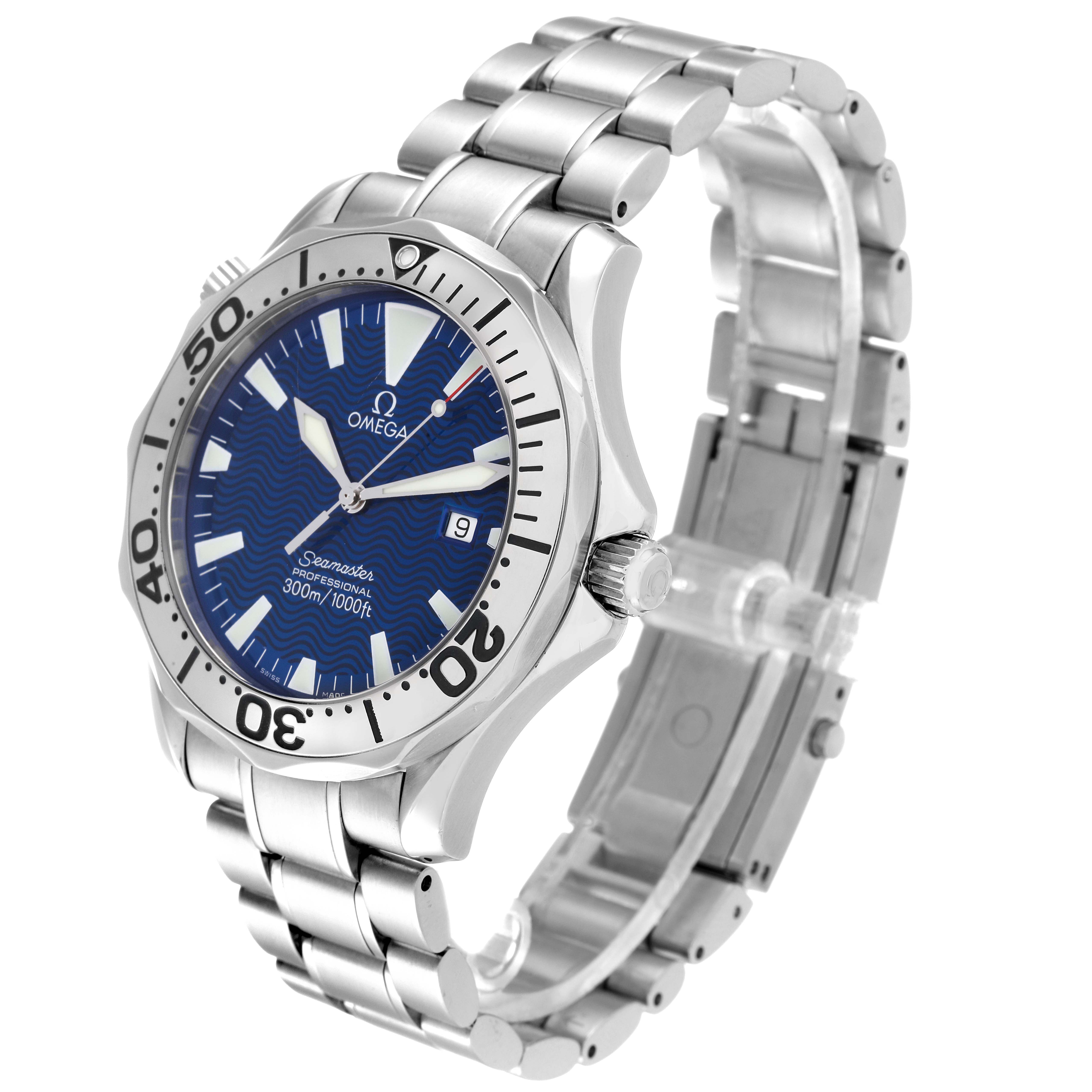 The image shows an Omega Seamaster 2265.80.00 Men's Stainless Steel Blue Dial 2265.80.00 Men's Stainless Steel Blue Dial watch angled from the right side, displaying its face, bezel, crown, and bracelet.