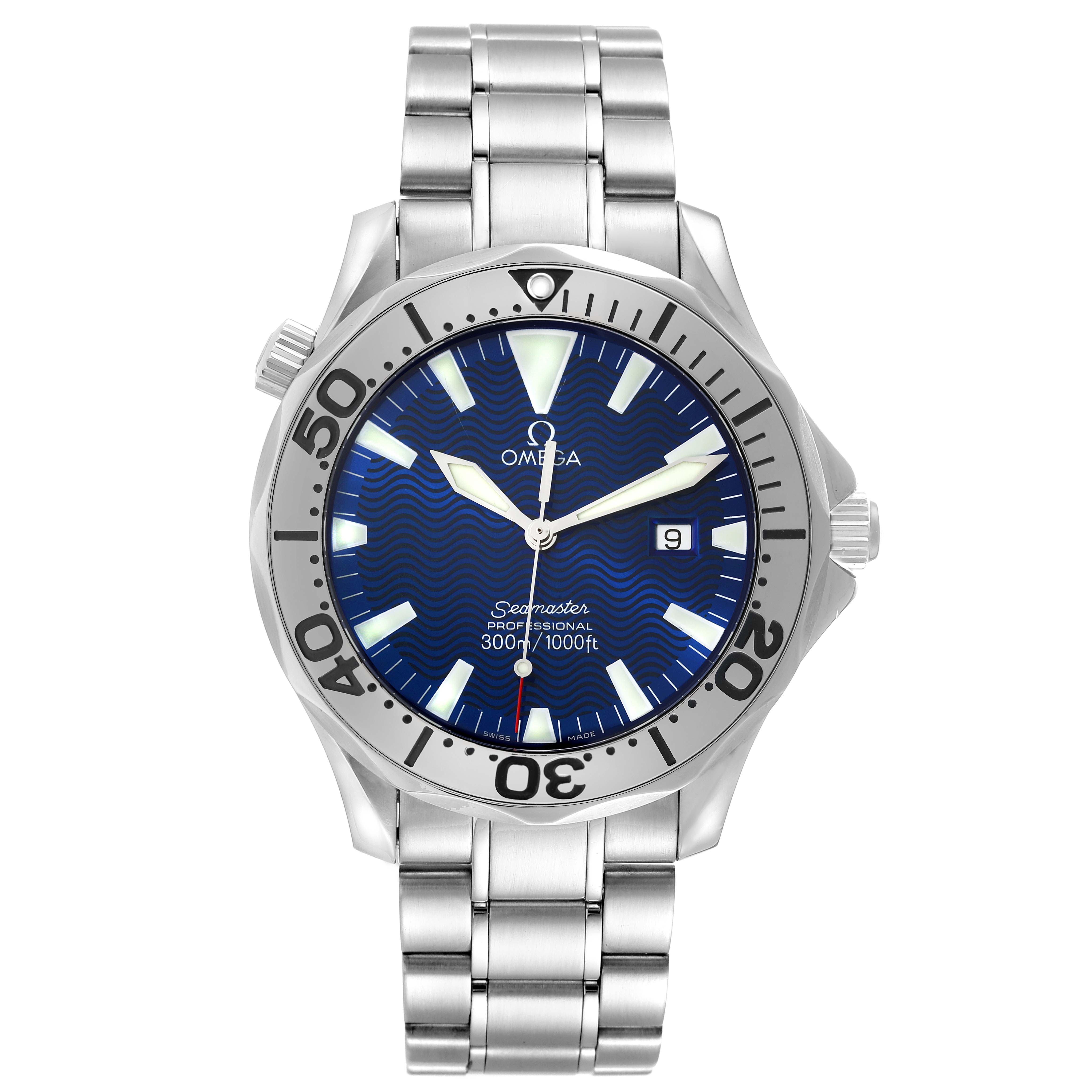 This image shows a front view of the Omega Seamaster 2265.80.00 Men's Stainless Steel Blue Dial 2265.80.00 Men's Stainless Steel Blue Dial watch, highlighting its blue dial, bezel, and stainless steel bracelet.