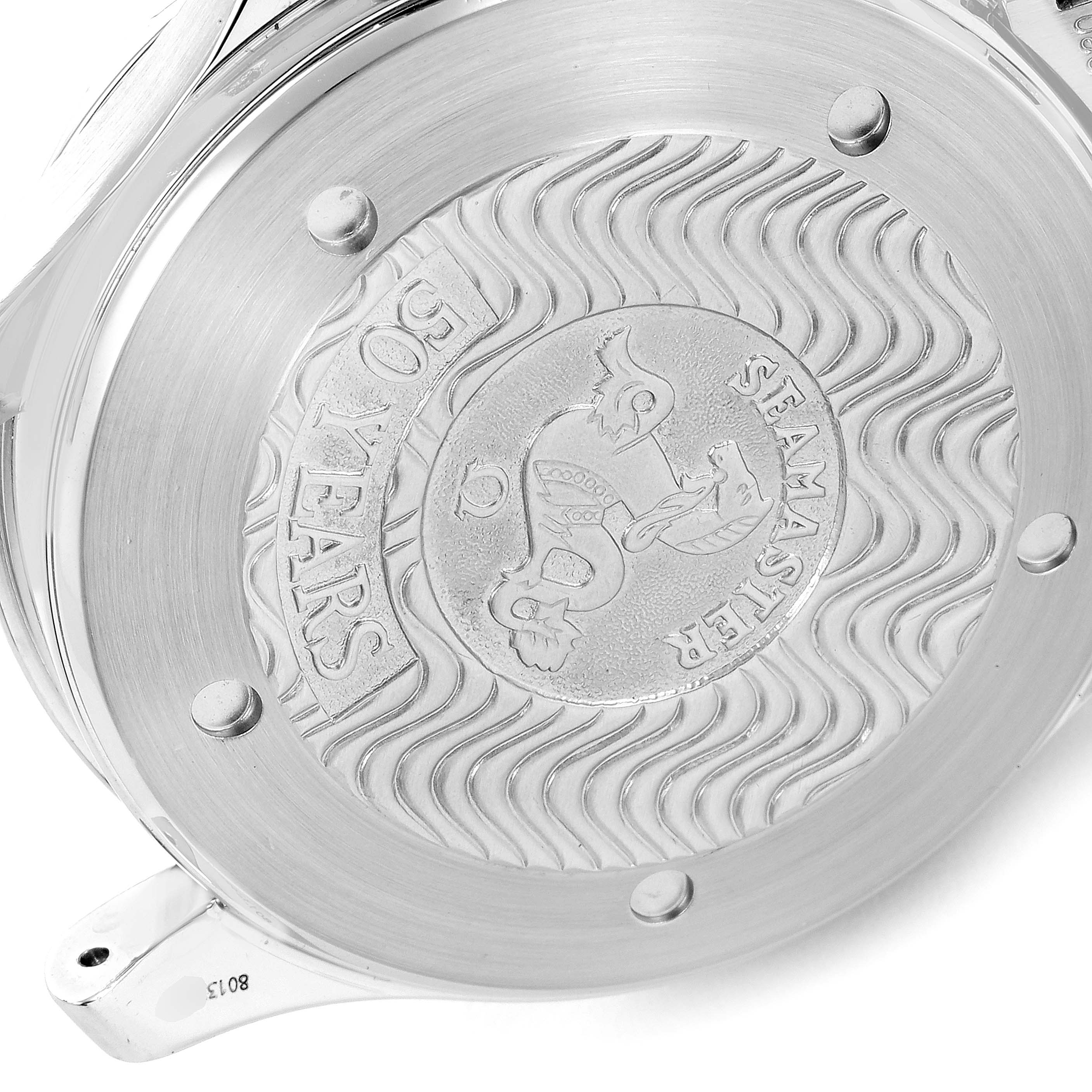 The image shows the engraved case back of an Omega Seamaster 2234.50.00 Men's Stainless Steel Black Dial 2234.50.00 Men's Stainless Steel Black Dial watch, photographed from a close-up rear angle.