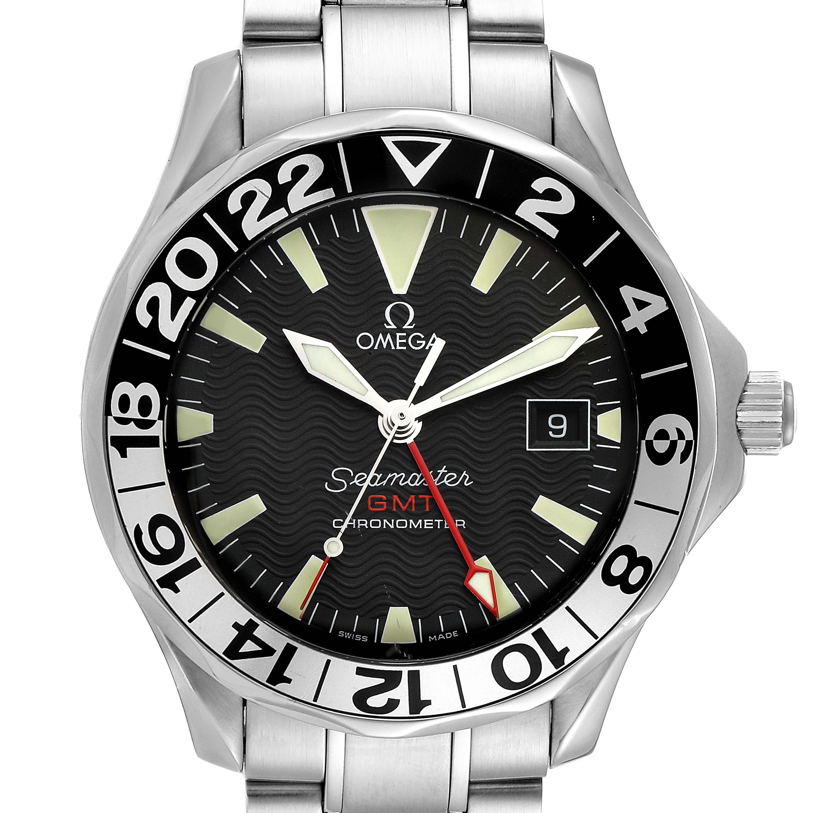 The image shows a front view of an Omega Seamaster 2234.50.00 Men's Stainless Steel Black Dial 2234.50.00 Men's Stainless Steel Black Dial GMT Chronometer, highlighting its dial, bezel, hands, and date window.