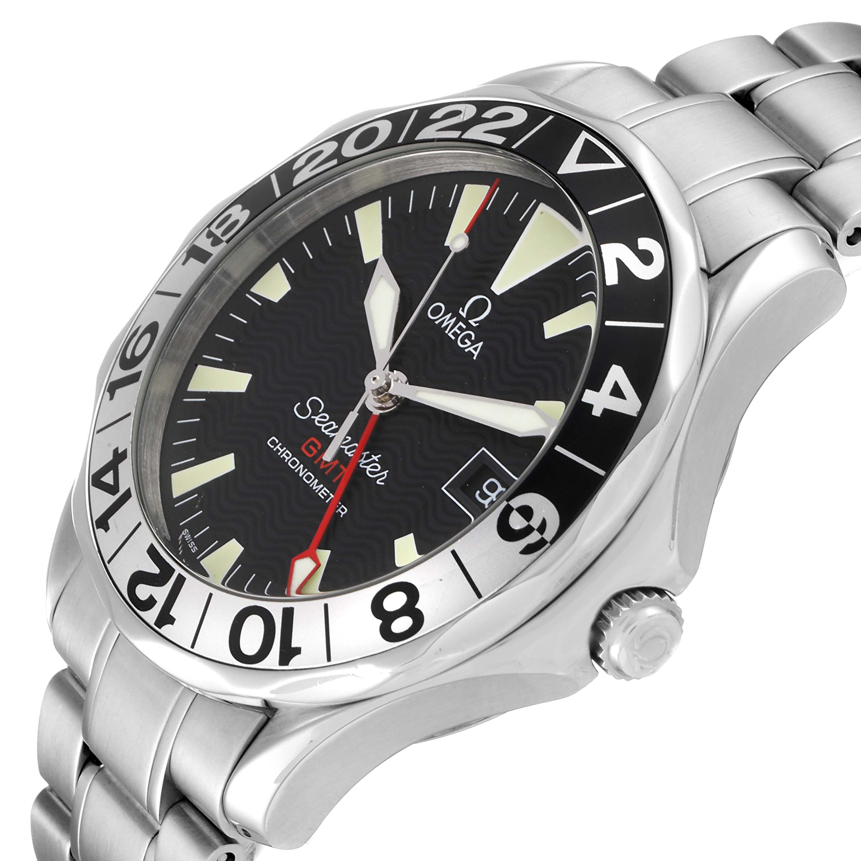 The image shows the Omega Seamaster 2234.50.00 Men's Stainless Steel Black Dial 2234.50.00 Men's Stainless Steel Black Dial watch at an angled view, highlighting the bezel, dial, hands, and part of the wristband.