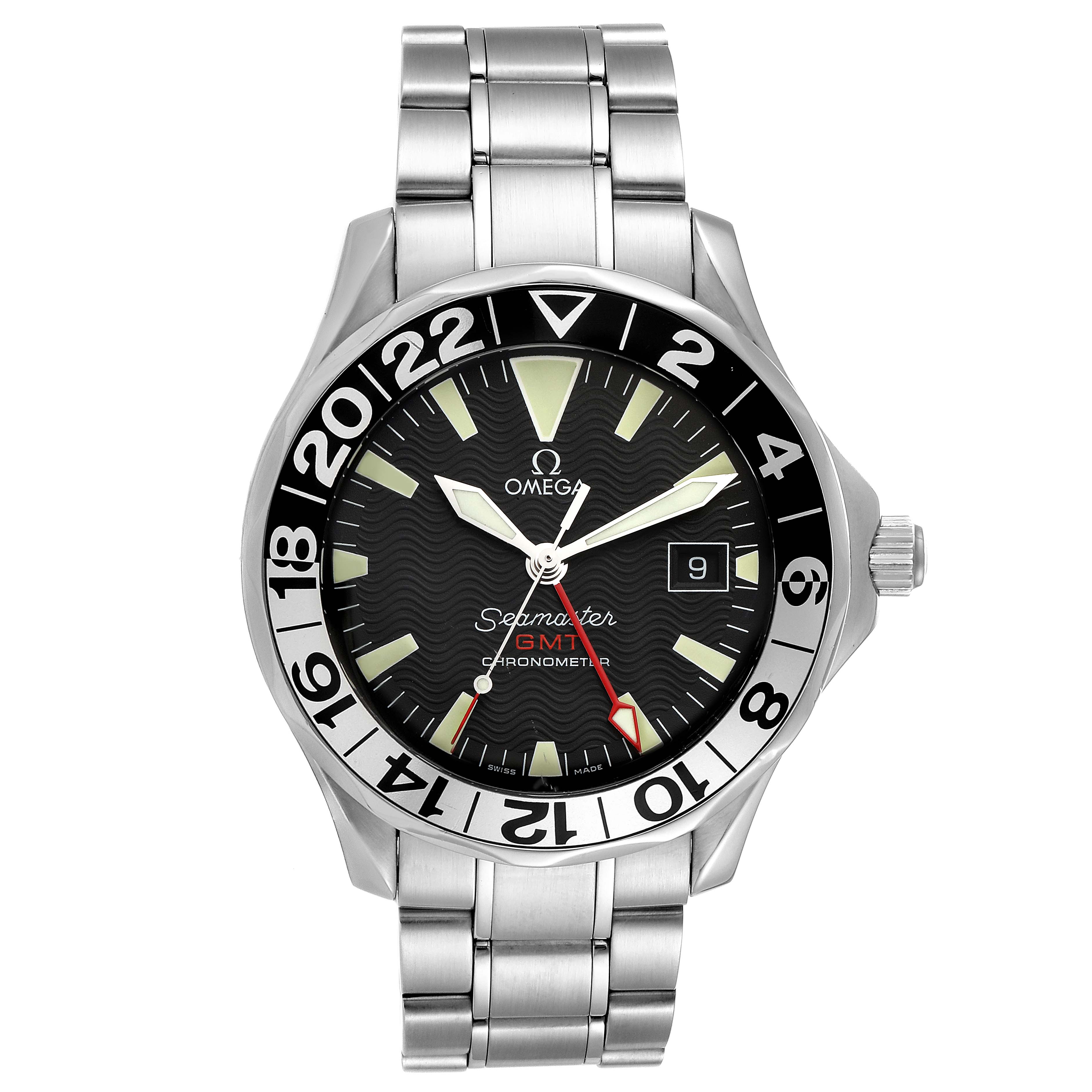 The image shows a front view of the Omega Seamaster 2234.50.00 Men's Stainless Steel Black Dial 2234.50.00 Men's Stainless Steel Black Dial watch, displaying the face, bezel, and metal bracelet.