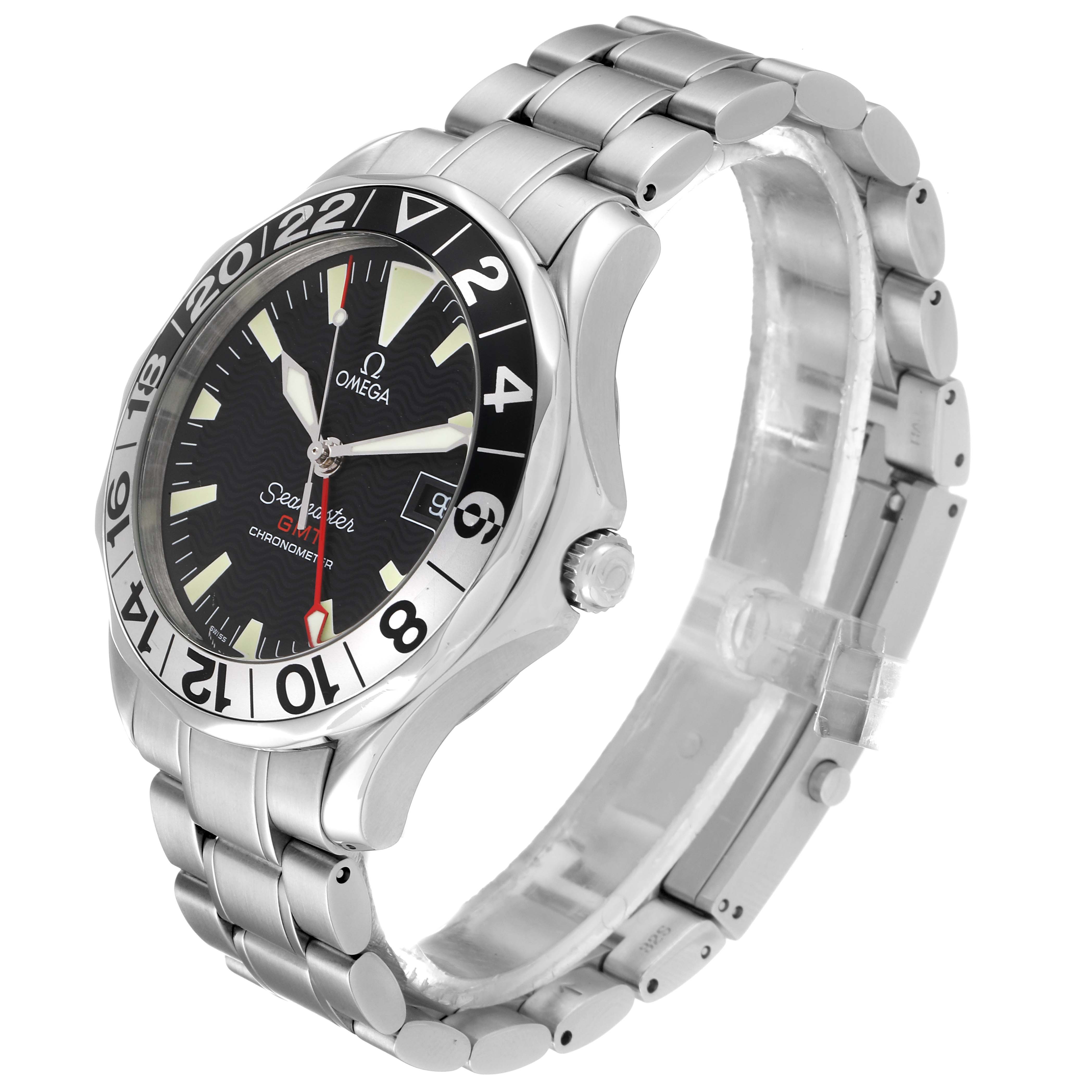 The image shows an Omega Seamaster 2234.50.00 Men's Stainless Steel Black Dial 2234.50.00 Men's Stainless Steel Black Dial watch at a three-quarter angle, highlighting the dial, bezel, and bracelet.