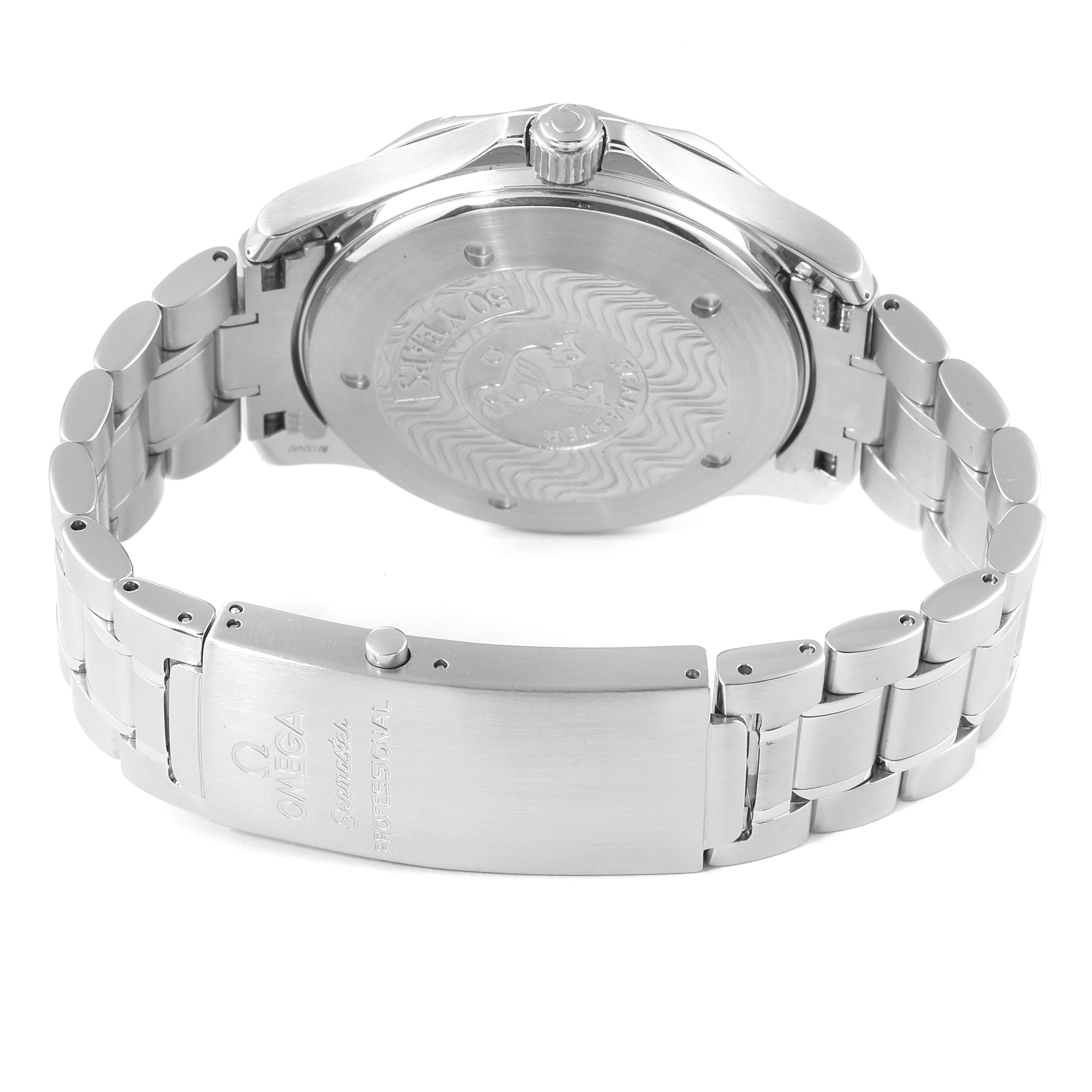 The image shows the back case and clasp of the Omega Seamaster 2234.50.00 Men's Stainless Steel Black Dial 2234.50.00 Men's Stainless Steel Black Dial watch, focusing on the stainless steel bracelet and detailed case back engravings.