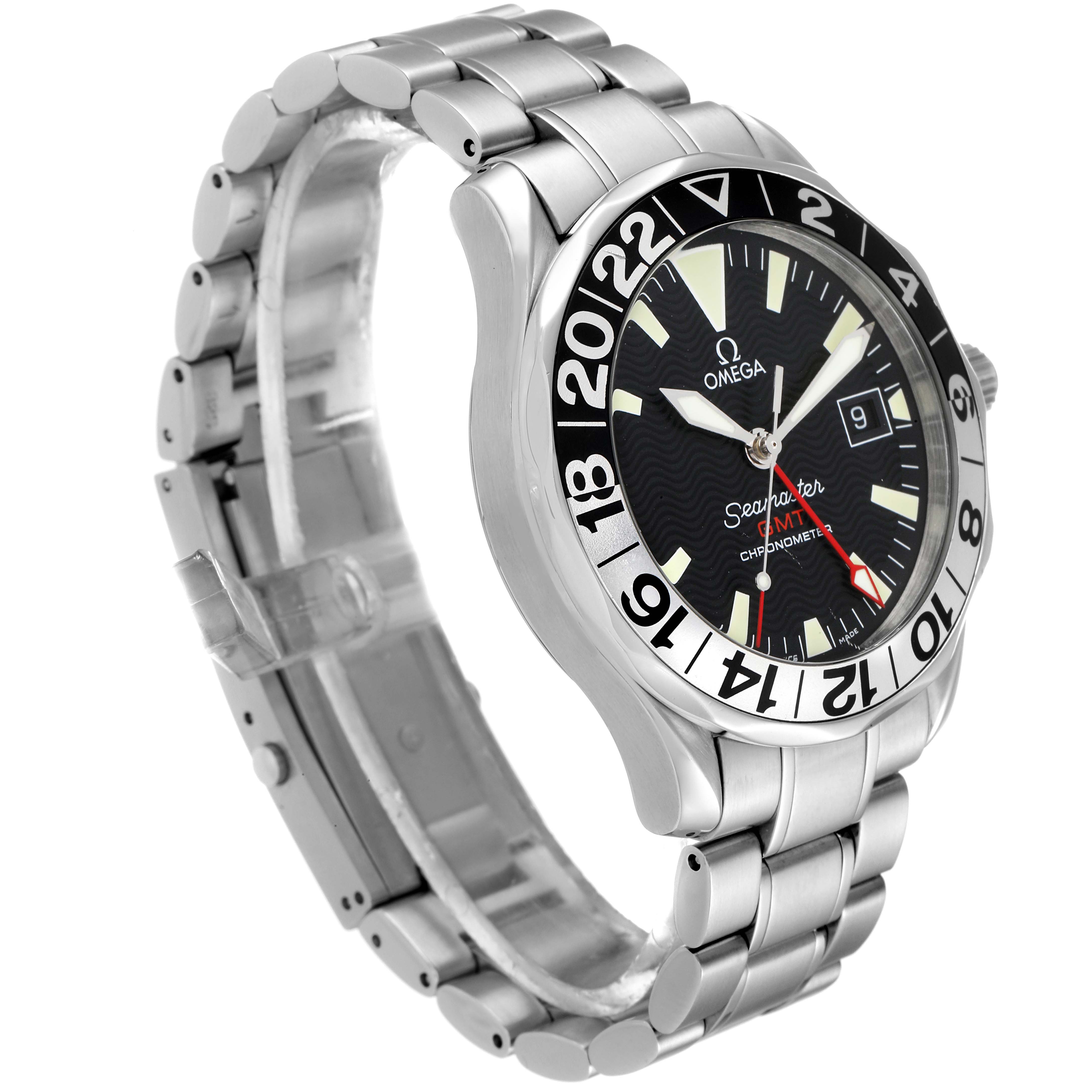 The Omega Seamaster 2234.50.00 Men's Stainless Steel Black Dial 2234.50.00 Men's Stainless Steel Black Dial GMT Chronometer watch is shown at a right-side angle, highlighting the face, bezel, and bracelet.