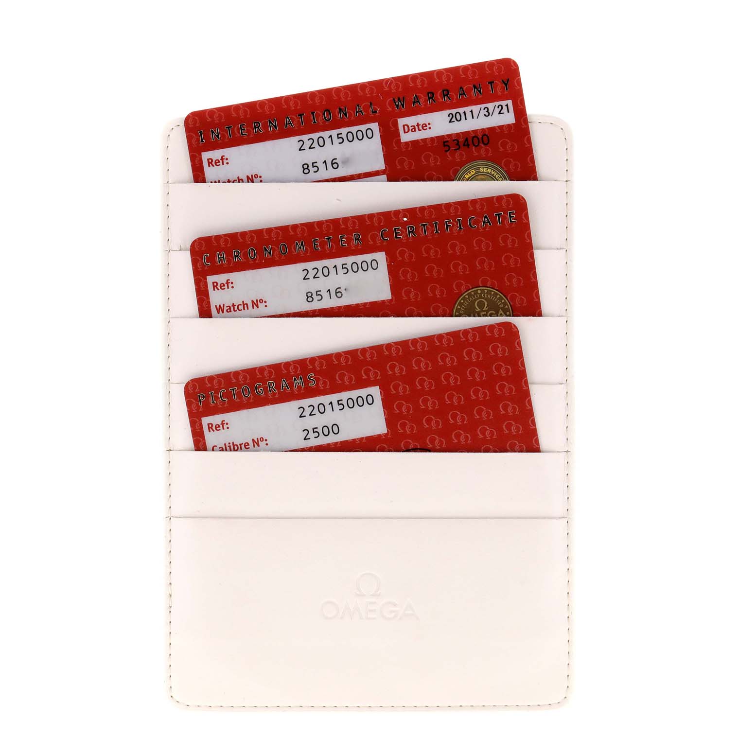 The image shows Omega Planet Ocean 2201.50.00 Men
s Stainless Steel Black Dial 2201.50.00 Men
s Stainless Steel Black Dial warranty cards and certificate in a white Omega-branded holder, viewed from above.