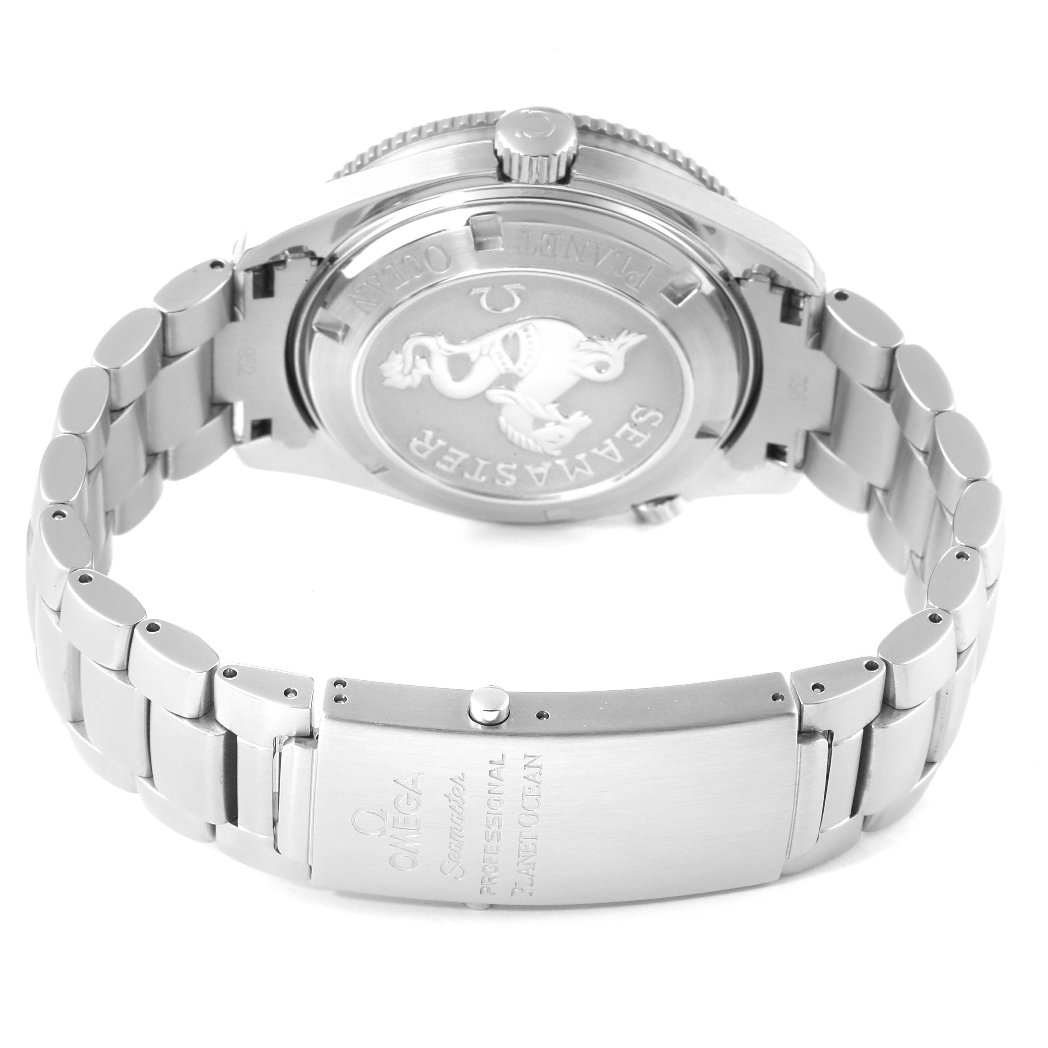 The image shows the back case and bracelet of the Omega Planet Ocean 2201.50.00 Men
s Stainless Steel Black Dial 2201.50.00 Men
s Stainless Steel Black Dial watch from a rear angle.