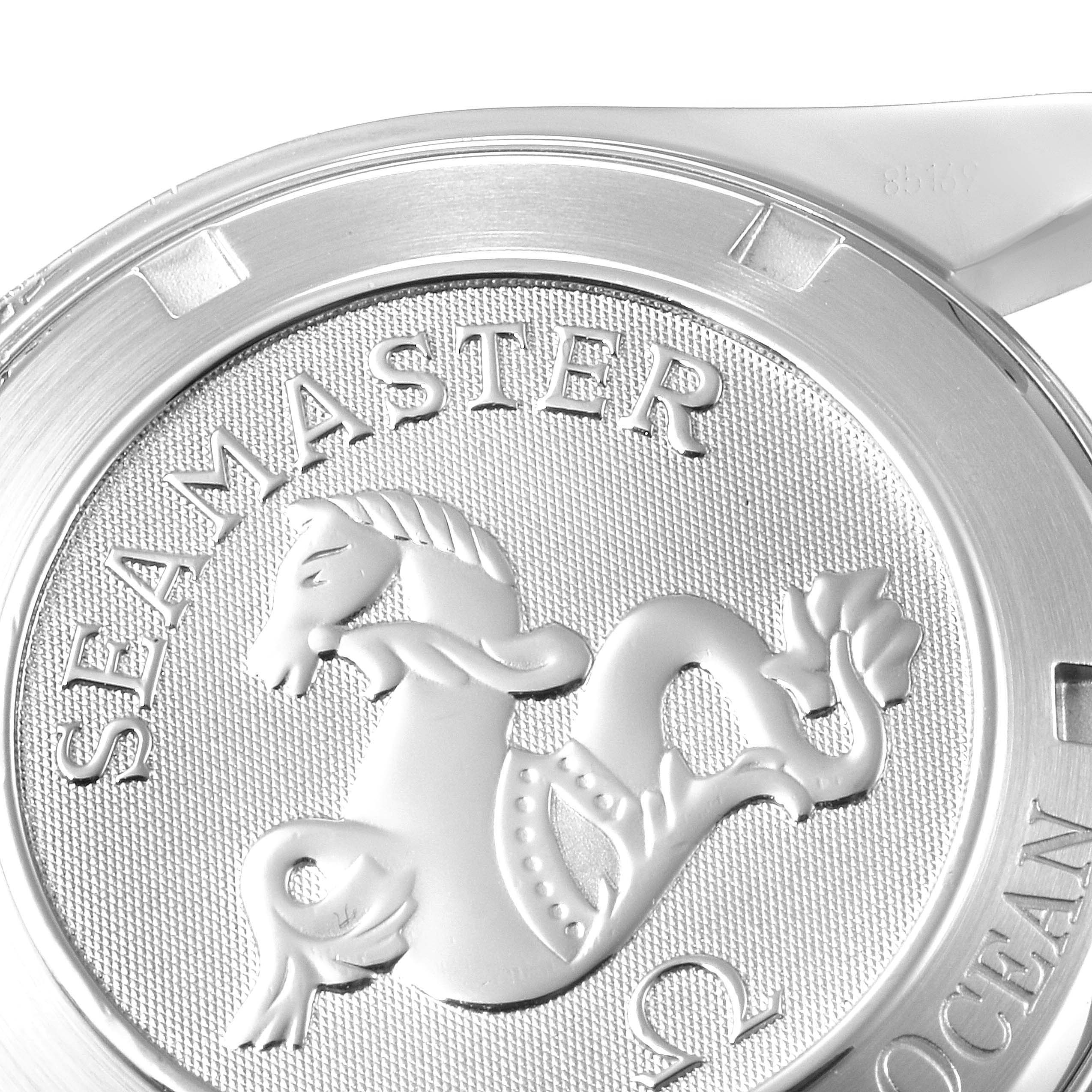 This image shows a close-up of the case back of the Omega Planet Ocean 2201.50.00 Men
s Stainless Steel Black Dial 2201.50.00 Men
s Stainless Steel Black Dial, part of the Seamaster series.