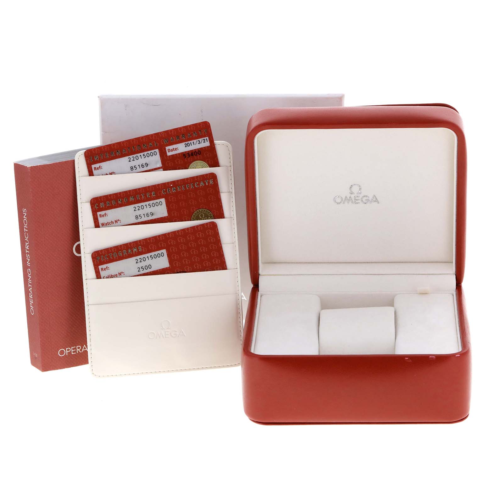 The image shows the Omega Planet Ocean 2201.50.00 Men
s Stainless Steel Black Dial 2201.50.00 Men
s Stainless Steel Black Dial watch
s box, operating instructions, cards, and their holder, from a front angle.