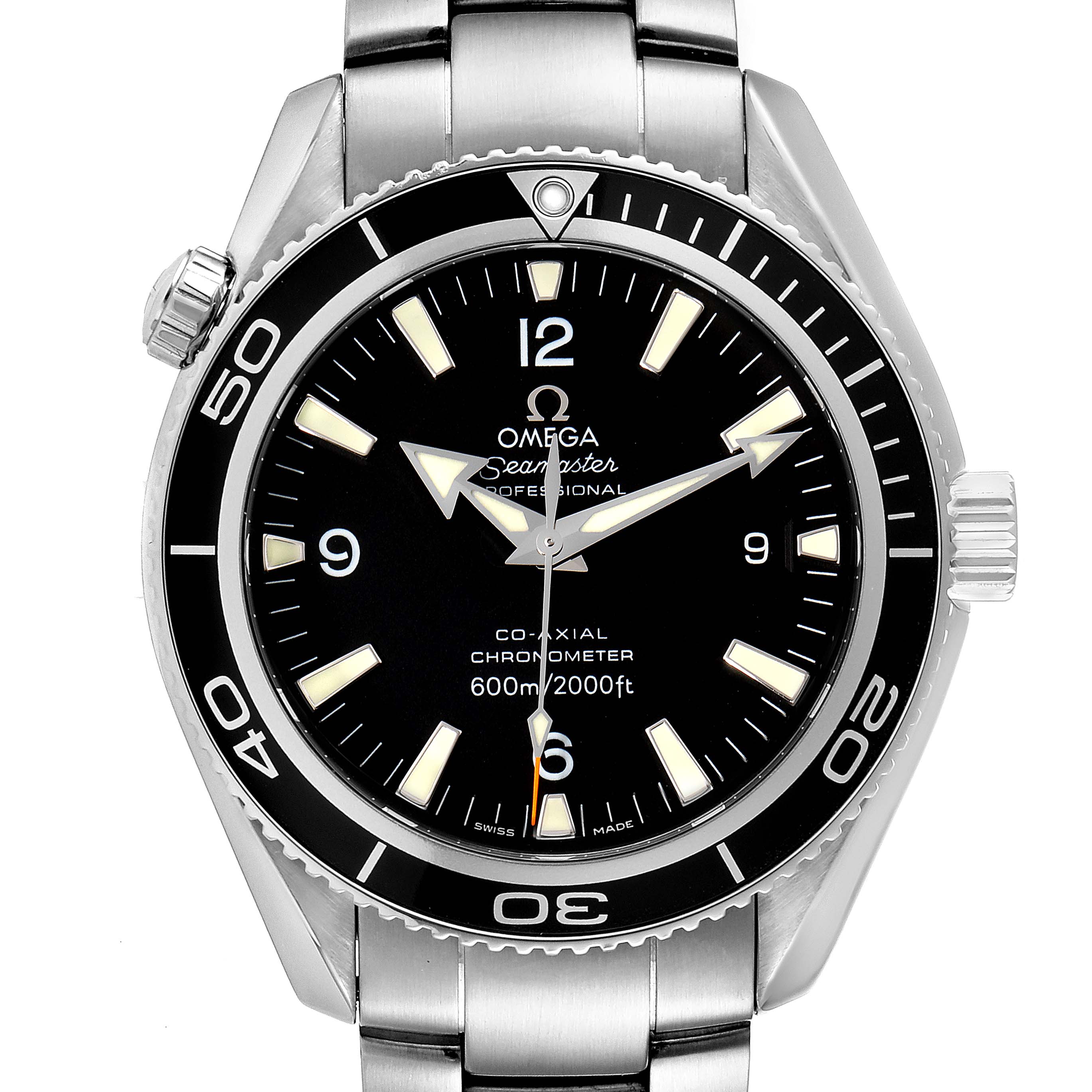 The image shows a front view of an Omega Planet Ocean 2201.50.00 Men
s Stainless Steel Black Dial 2201.50.00 Men
s Stainless Steel Black Dial Seamaster watch, including the dial, bezel, and part of the stainless steel bracelet.