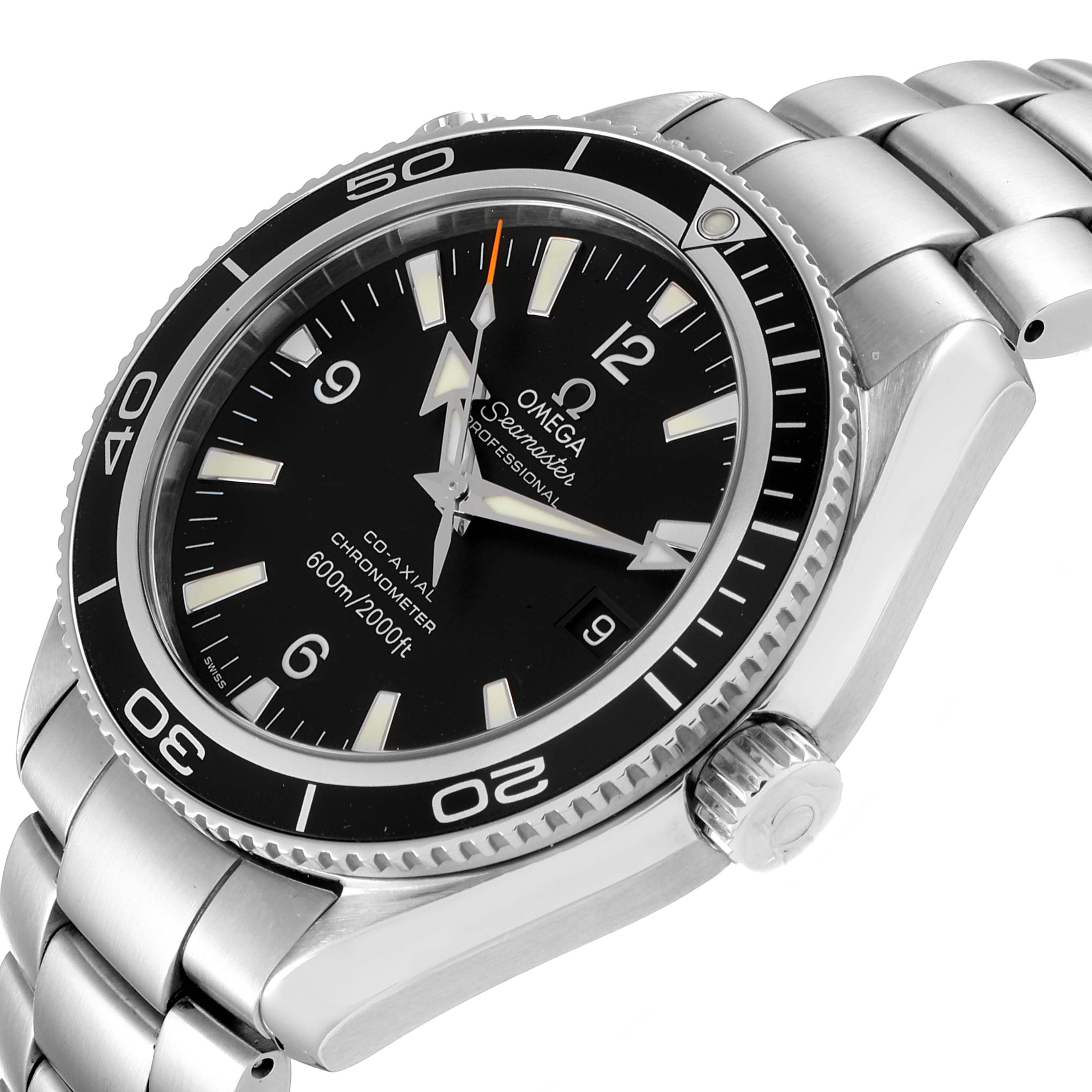 This Omega Planet Ocean 2201.50.00 Men
s Stainless Steel Black Dial 2201.50.00 Men
s Stainless Steel Black Dial watch is shown from an angled perspective, highlighting the dial, bezel, crown, and part of the bracelet.