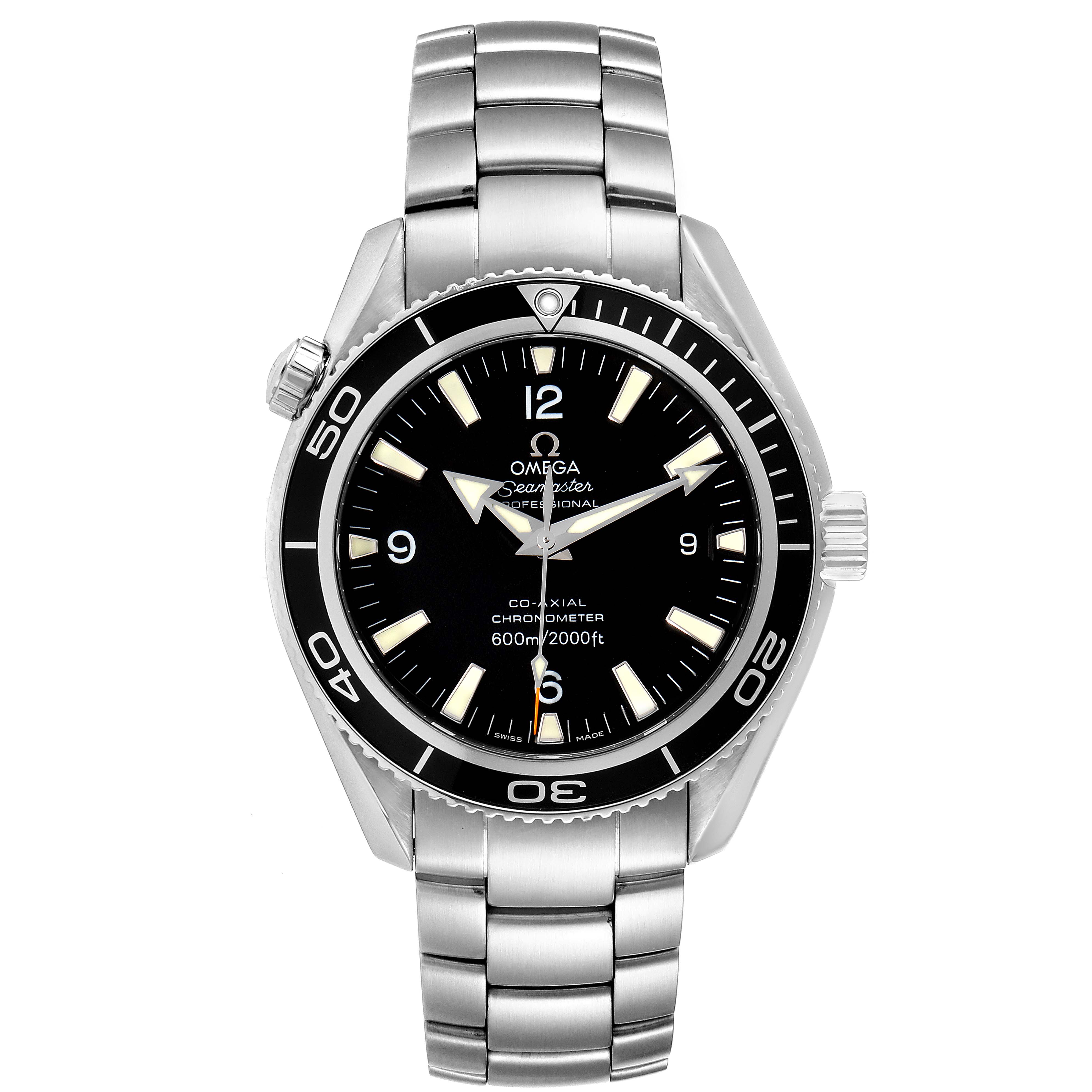 The image shows a frontal view of the Omega Planet Ocean 2201.50.00 Men
s Stainless Steel Black Dial 2201.50.00 Men
s Stainless Steel Black Dial watch, focusing on the dial, bezel, and stainless steel bracelet.