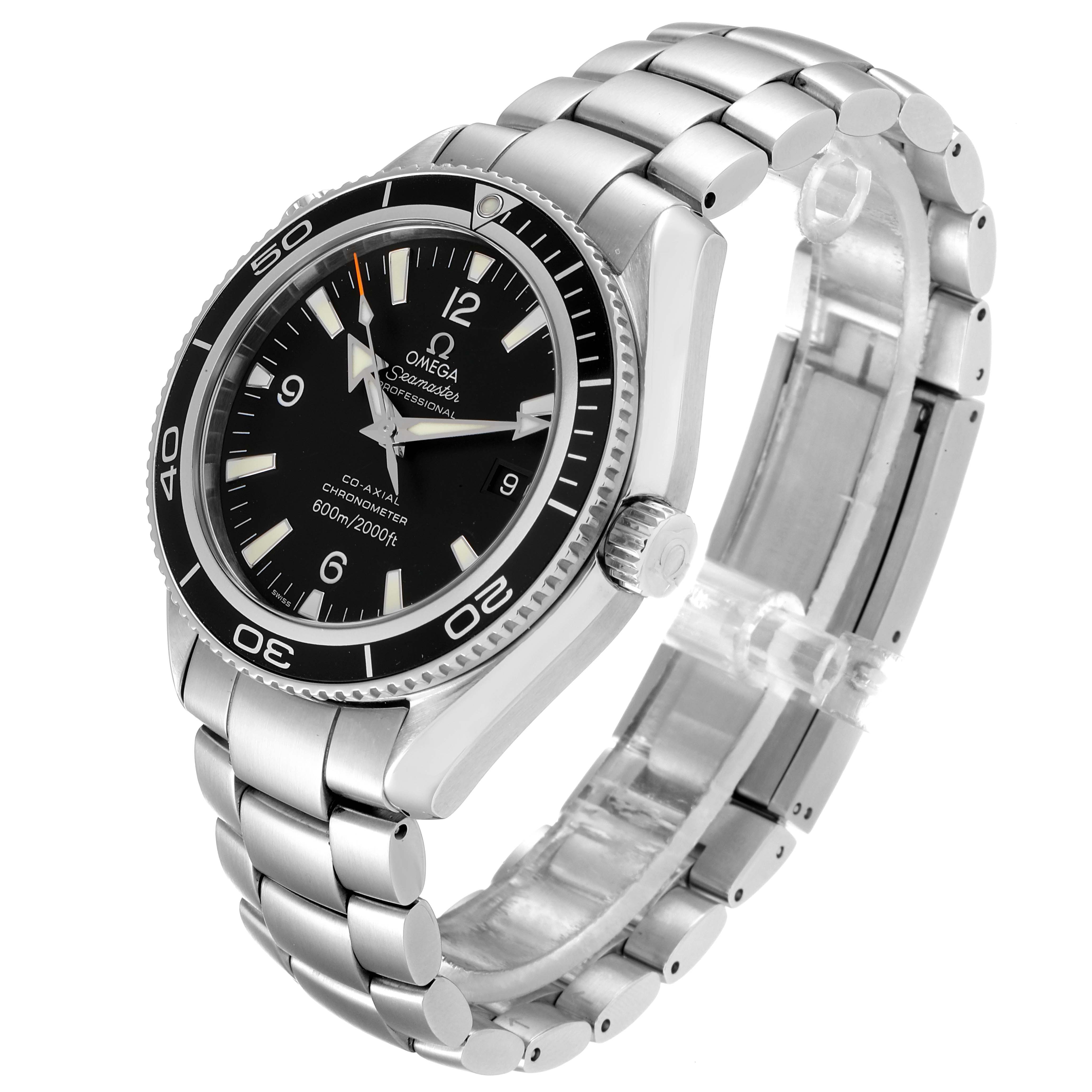 The Omega Planet Ocean 2201.50.00 Men
s Stainless Steel Black Dial 2201.50.00 Men
s Stainless Steel Black Dial model watch is shown at a three-quarter angle, displaying the face, bezel, crown, and stainless steel bracelet.