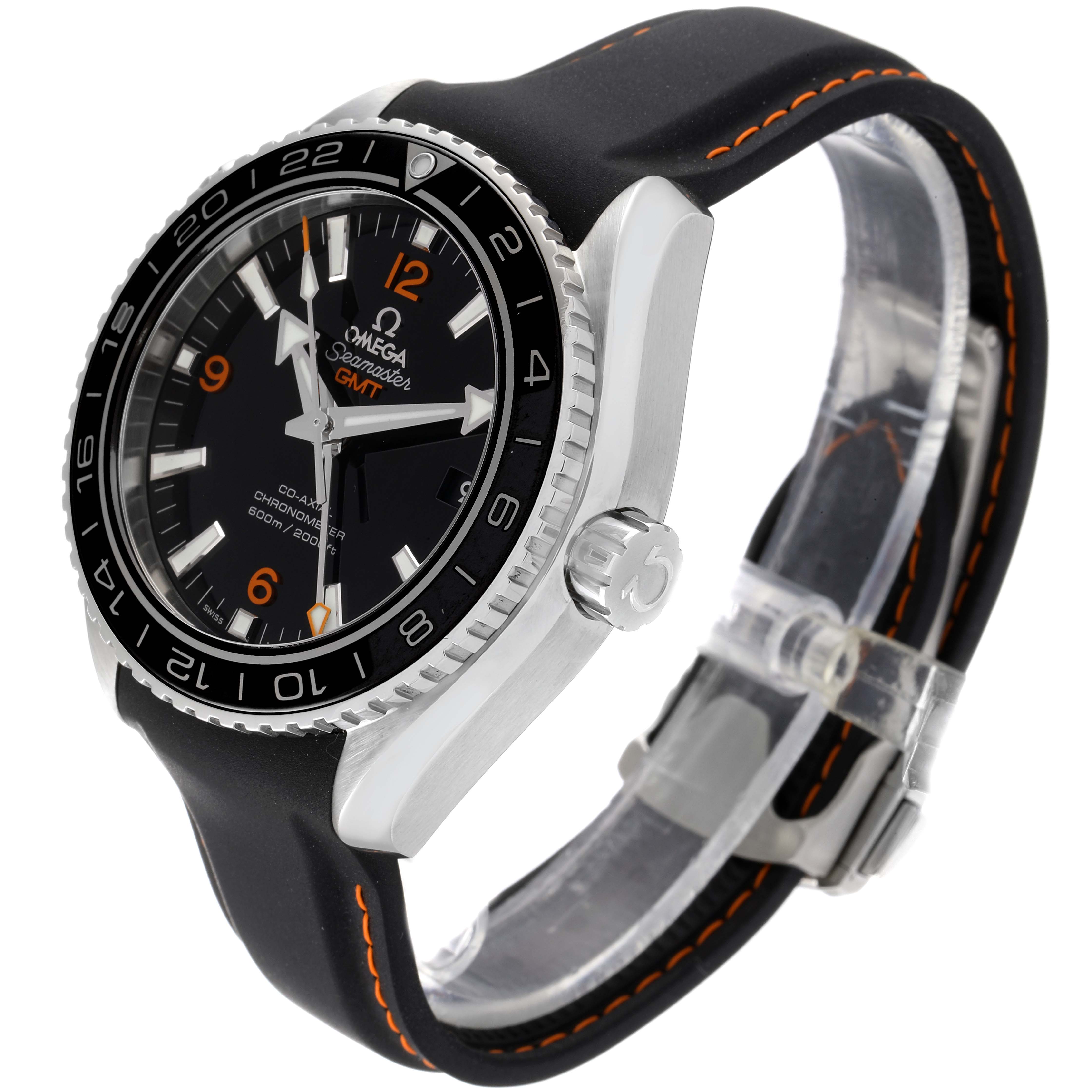 The angle shows a three-quarter view of the Omega Seamaster Planet Ocean GMT watch, highlighting its face, bezel, crown, and strap.