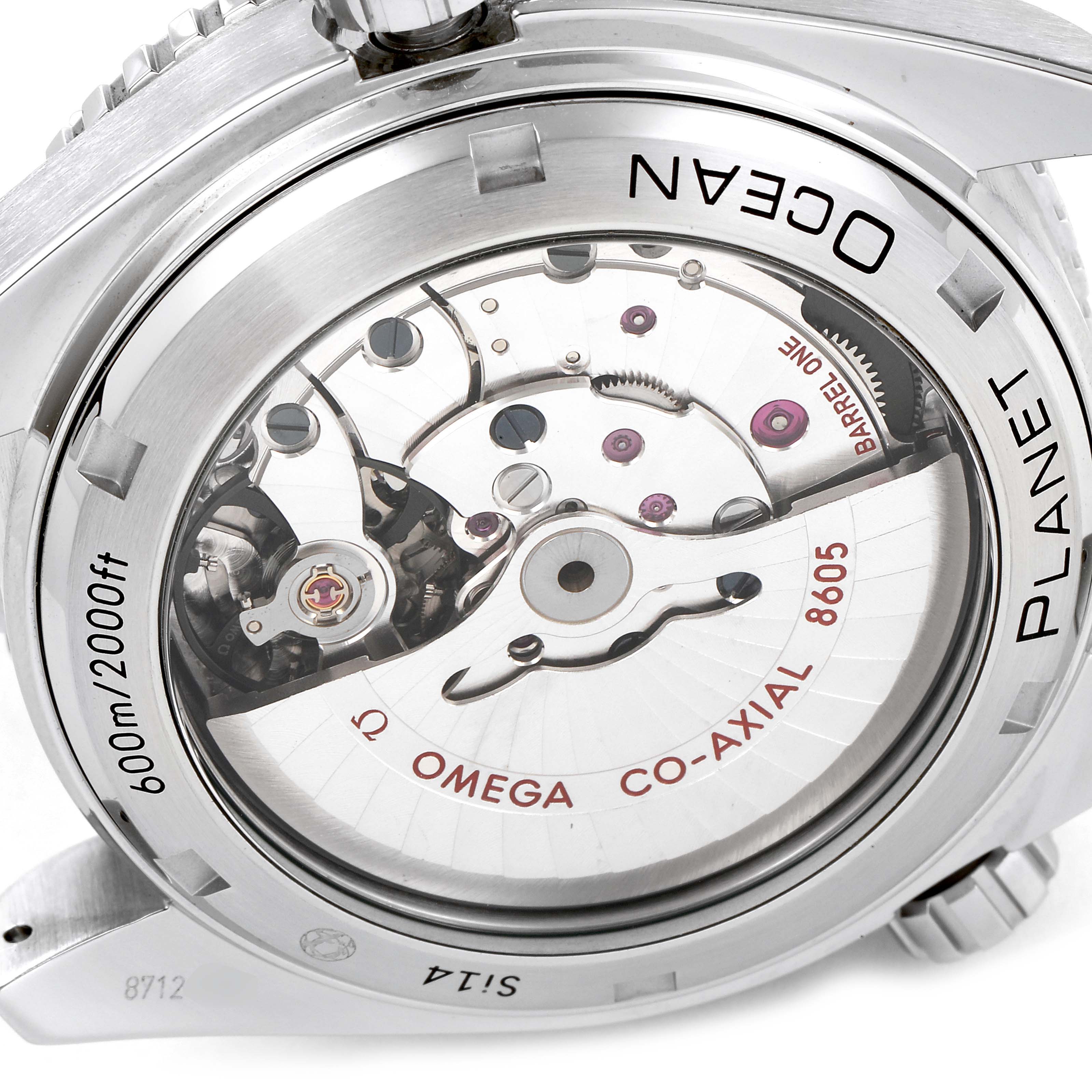 This image shows the back view of the Omega Planet Ocean 232.32.44.22.01.002 Men's Stainless Steel Black Dial 232.32.44.22.01.002 Men's Stainless Steel Black Dial watch, highlighting its internal mechanical components.