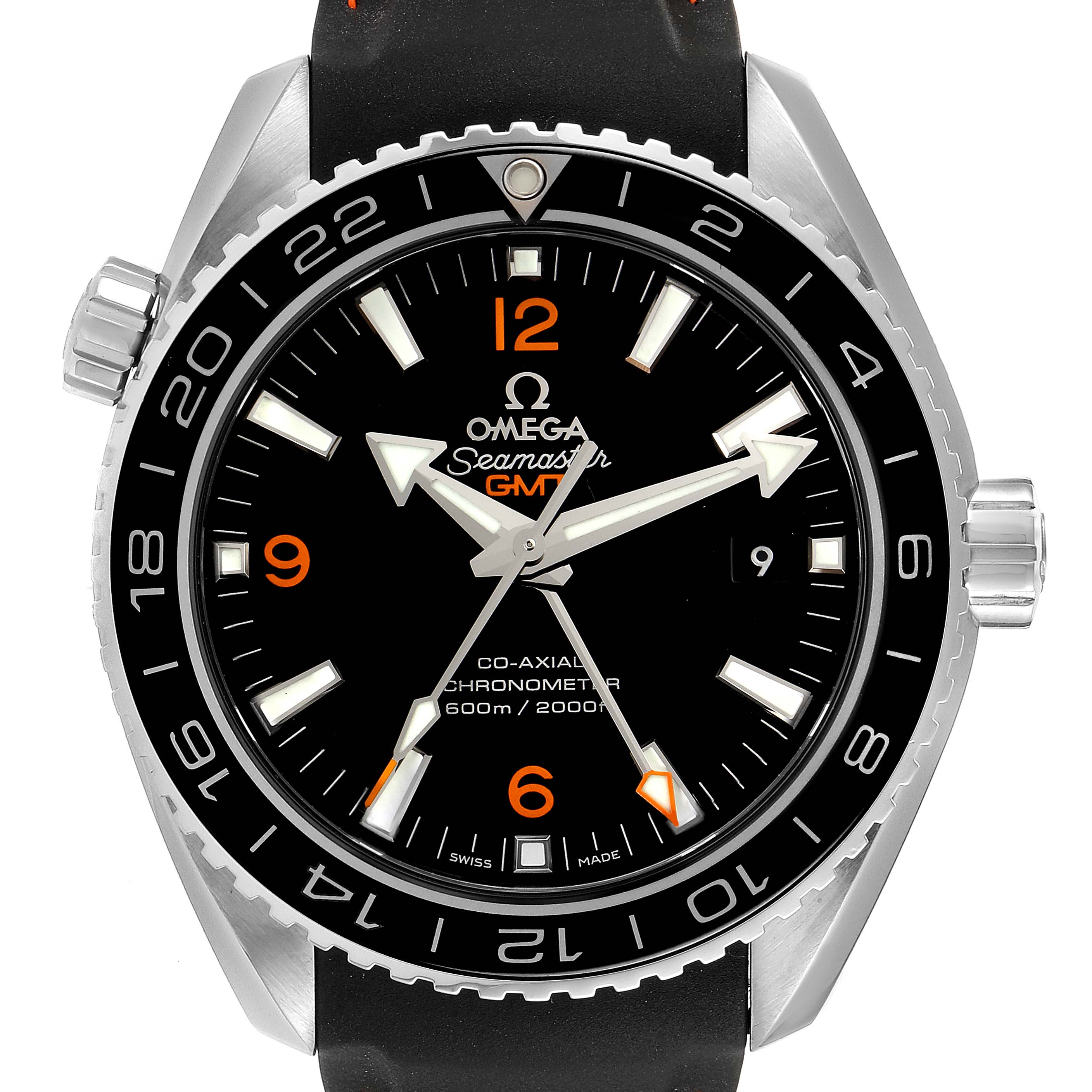 The image shows a frontal view of an Omega Planet Ocean 232.32.44.22.01.002 Men's Stainless Steel Black Dial 232.32.44.22.01.002 Men's Stainless Steel Black Dial Seamaster GMT watch displaying its face, bezel, and crown.