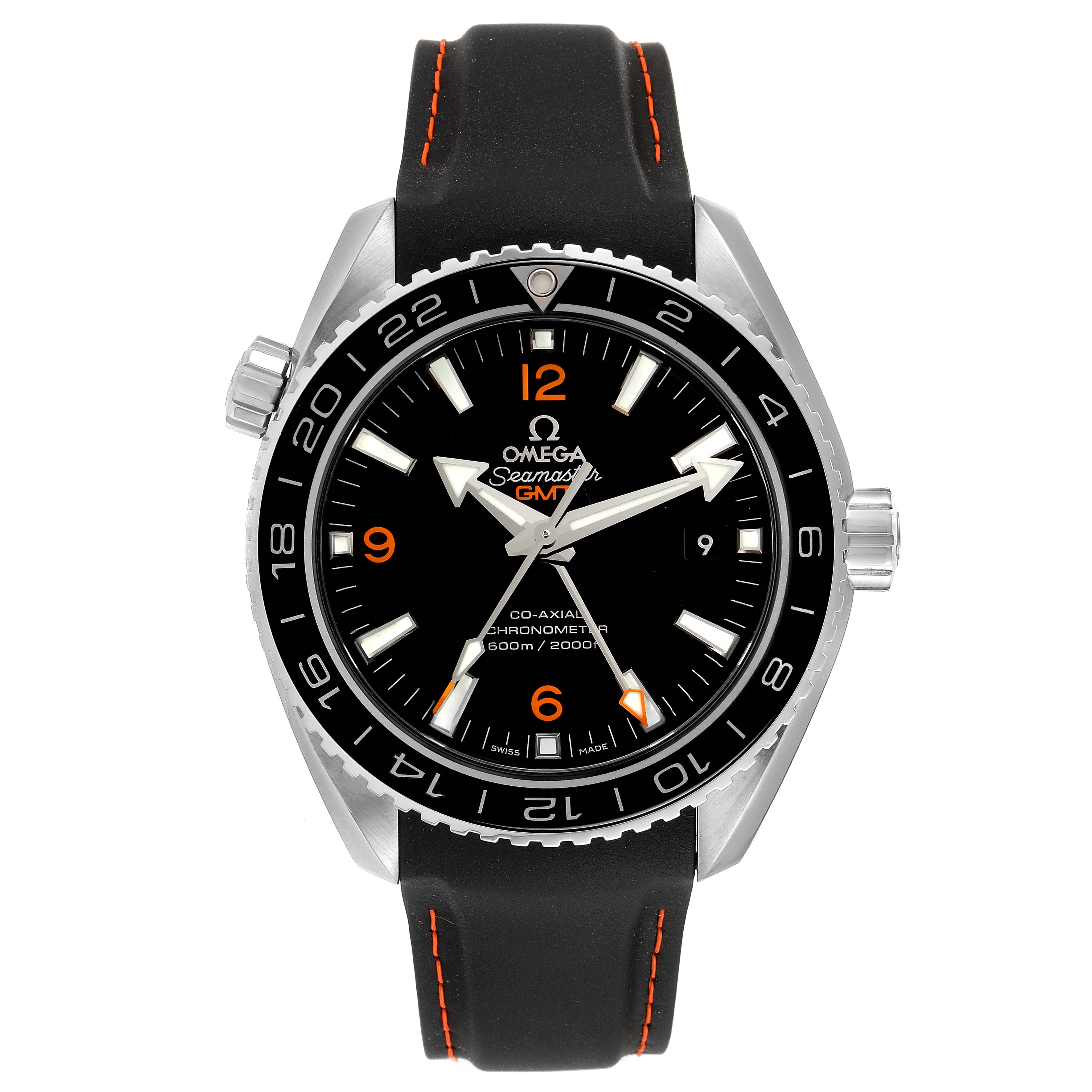 The image shows a front view of the Omega Planet Ocean 232.32.44.22.01.002 Men's Stainless Steel Black Dial 232.32.44.22.01.002 Men's Stainless Steel Black Dial watch, highlighting its face, bezel, and strap with orange stitching.