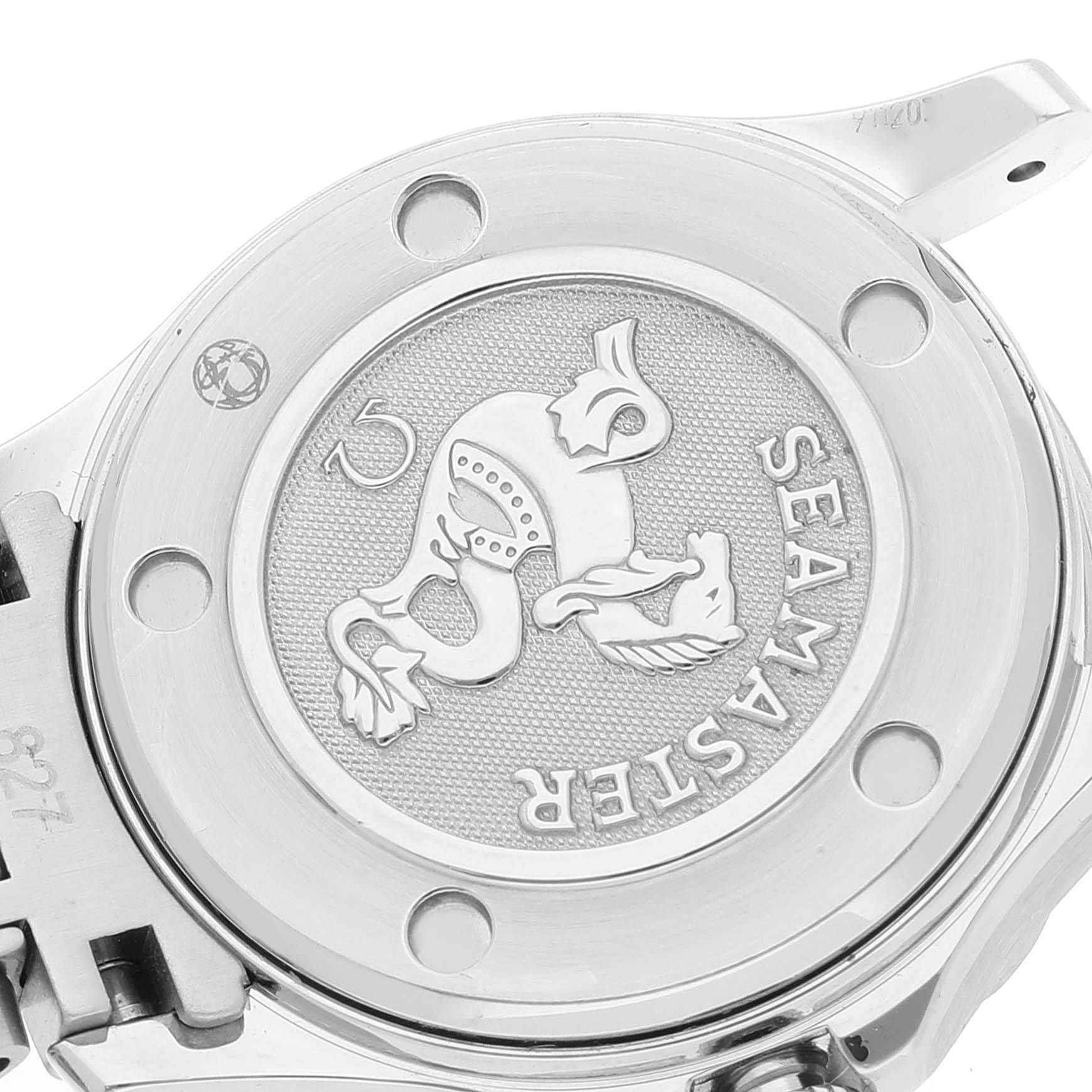 The image shows the back case of the Omega 212.30.28.61.01.001 Women's Stainless Steel Black Dial 212.30.28.61.01.001 Women's Stainless Steel Black Dial Seamaster Steel Black Dial Ladies Watch 212.30.28.61.01.001.