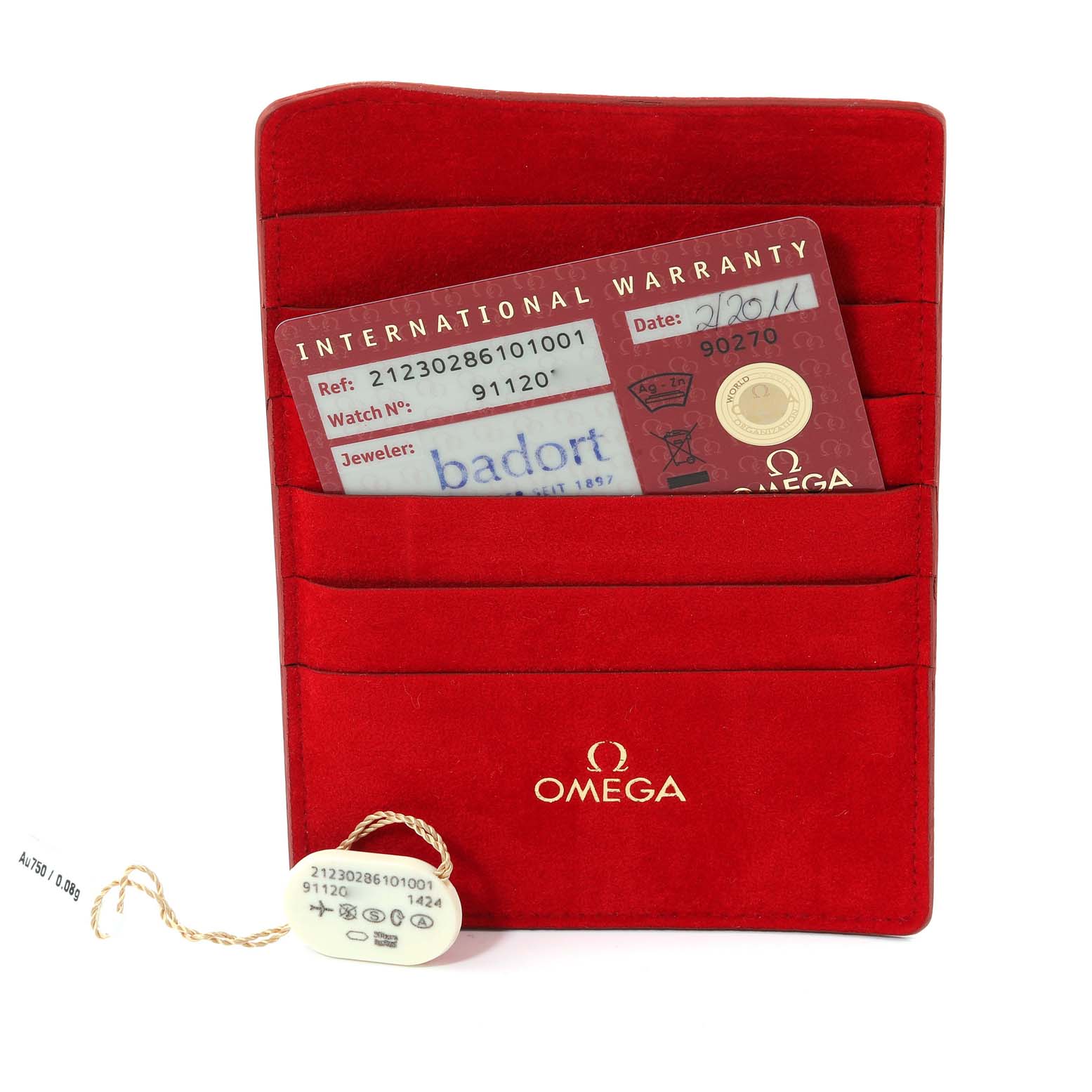 The image shows the warranty card and red cardholder for the Omega 212.30.28.61.01.001 Women's Stainless Steel Black Dial 212.30.28.61.01.001 Women's Stainless Steel Black Dial Seamaster Steel Black Dial Ladies Watch 212.30.28.61.01.001.